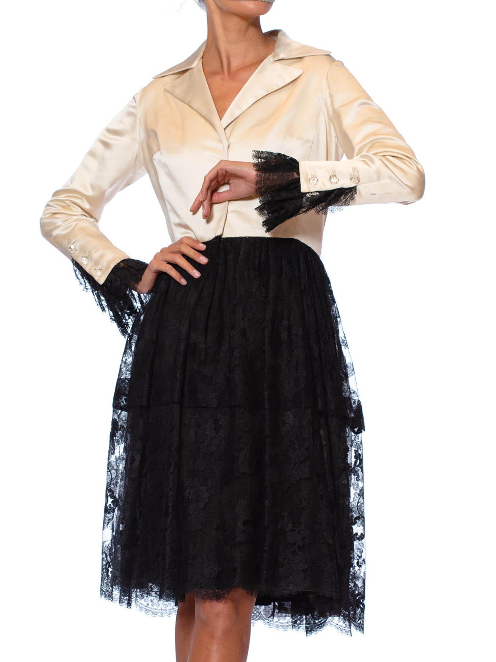 Women's 1960S Black & White Silk Duchess Satin Chantilly Lace Long Sleeve Cocktail Dres For Sale