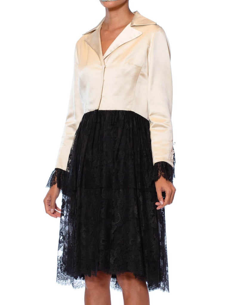 1960S Black And White Silk Duchess Satin Chantilly Lace Long Sleeve 1960s-black-and-white-silk-duchess-satin-chantilly-lace-long-sleeve