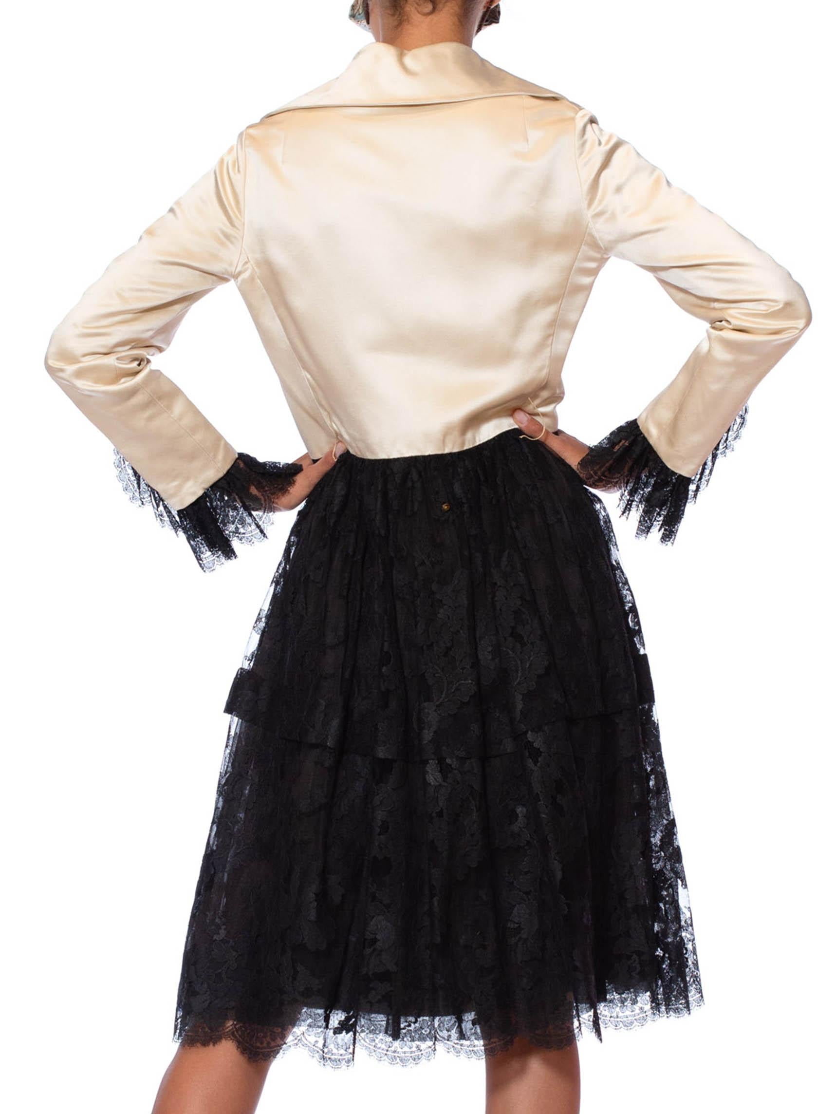 1960S Black & White Silk Duchess Satin Chantilly Lace Long Sleeve Cocktail Dres For Sale 2