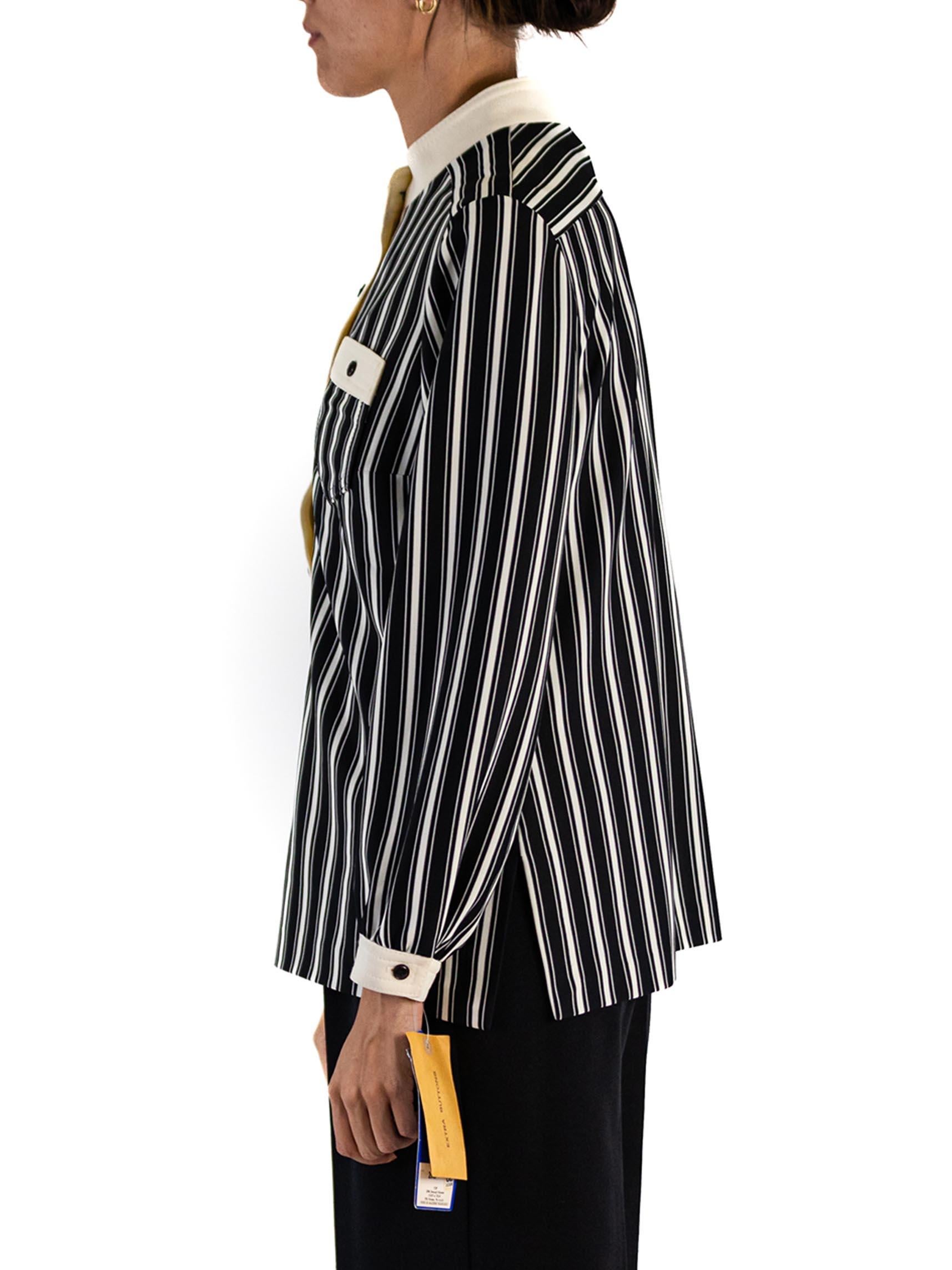 Elastic waist has stretch, original deadstock tag still on item.  1960S Black & White Striped Polyester Double Knit Mod Shirt Pant Ensemble 