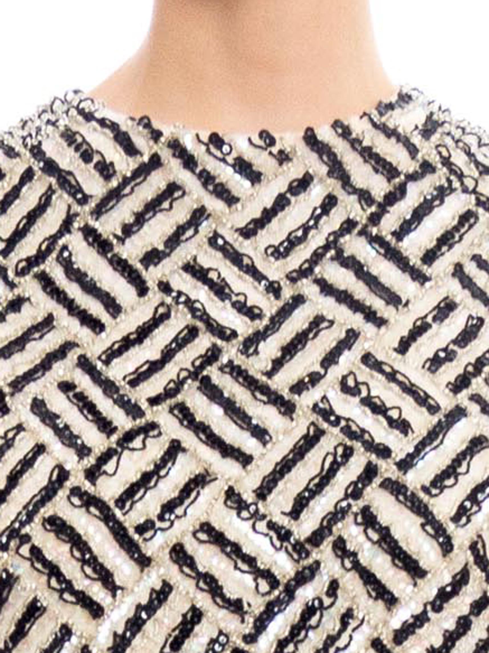 1960S Black & White Wool Knit Geometric Beaded Op Art Shell Top 2