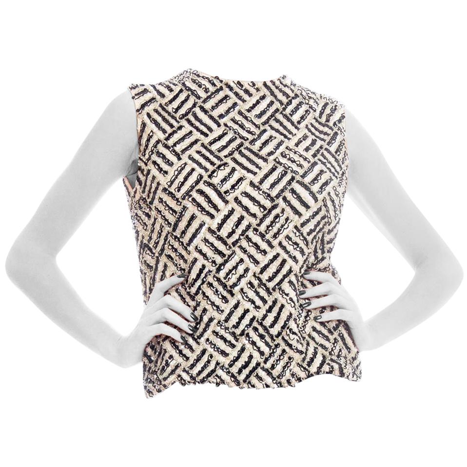1960S Black & White Wool Knit Geometric Beaded Op Art Shell Top
