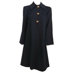 Vintage 1960s Black Wool Coat w/ Gold Tone Buttons