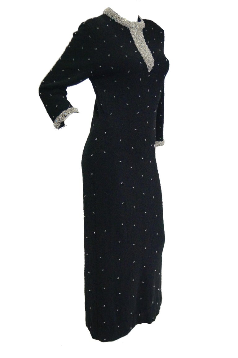 1960s Black Wool Knit Evening Dress Featuring Silver Glass Seed Bead