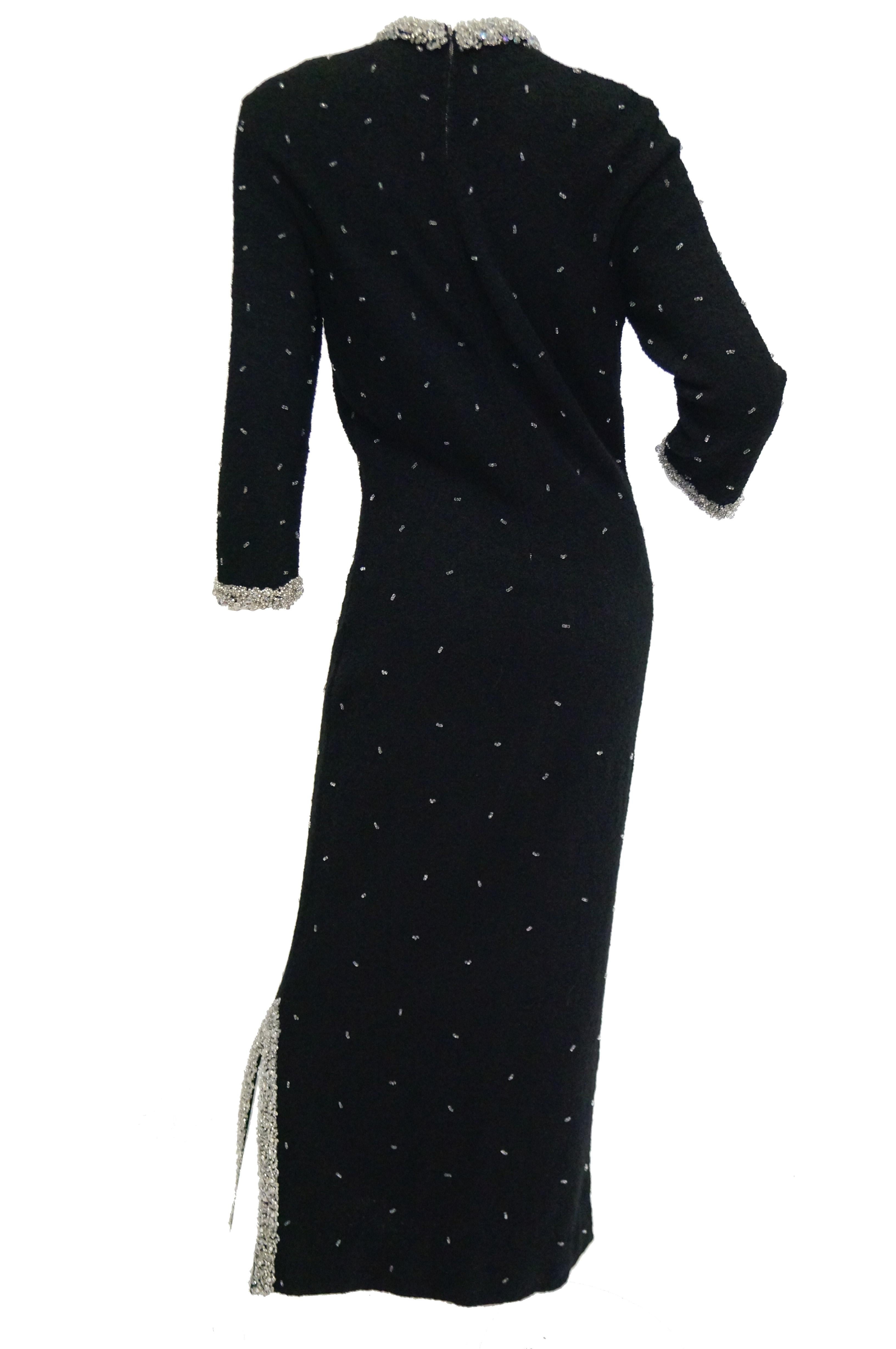 1960s Black Wool Knit Evening Dress Featuring Silver Glass Seed Bead Detail In Excellent Condition For Sale In Houston, TX