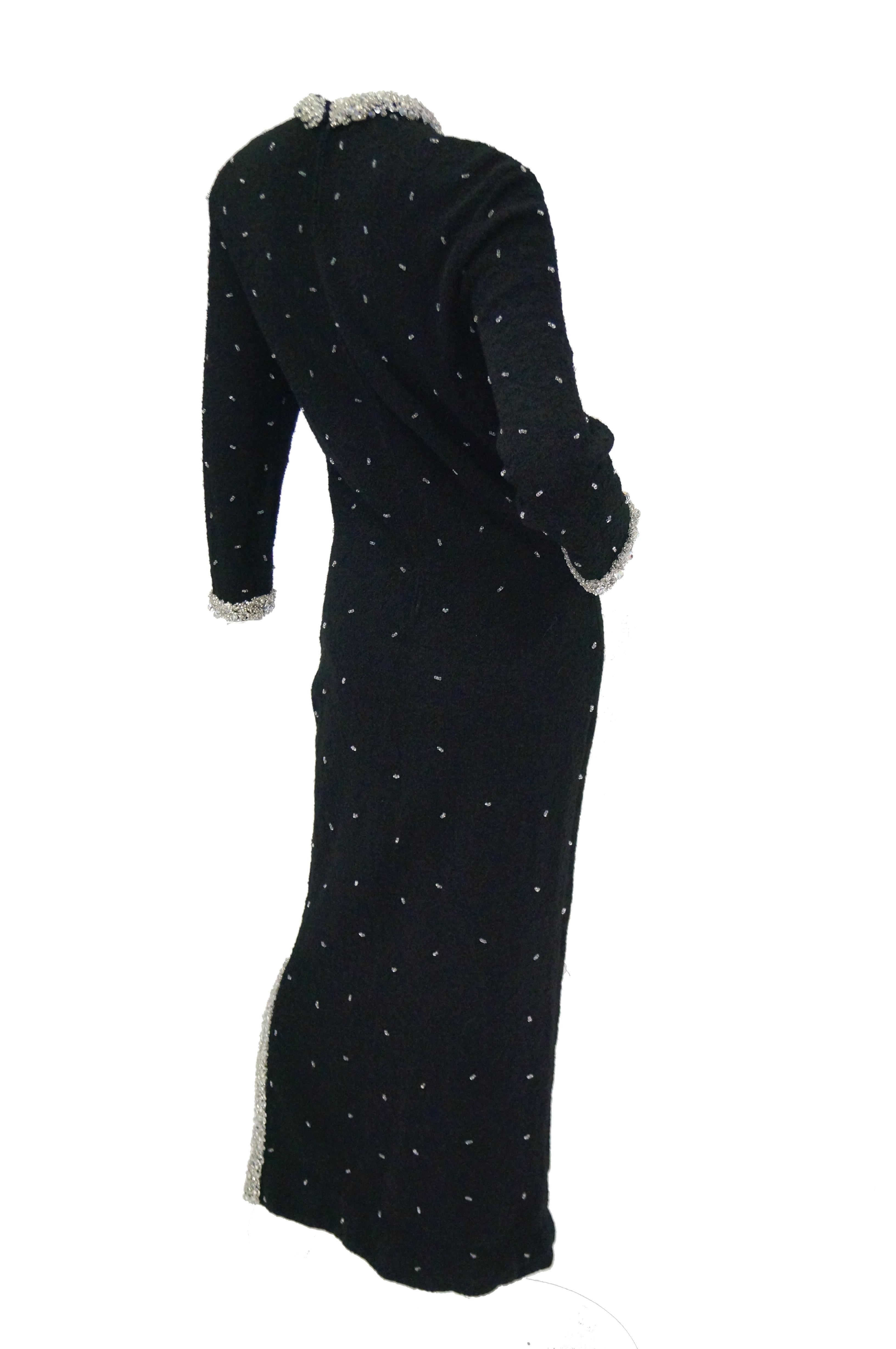 Women's or Men's 1960s Black Wool Knit Evening Dress Featuring Silver Glass Seed Bead Detail For Sale
