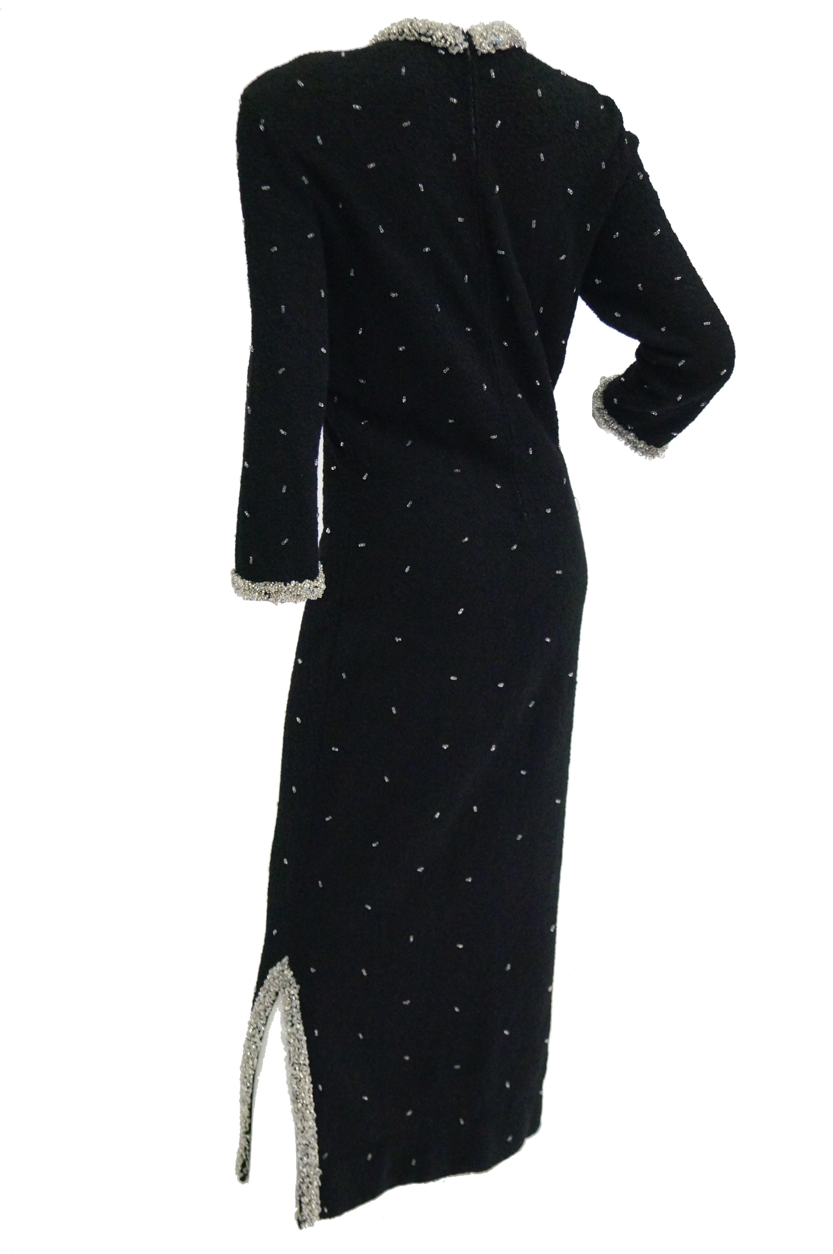 1960s Black Wool Knit Evening Dress Featuring Silver Glass Seed Bead Detail For Sale 1
