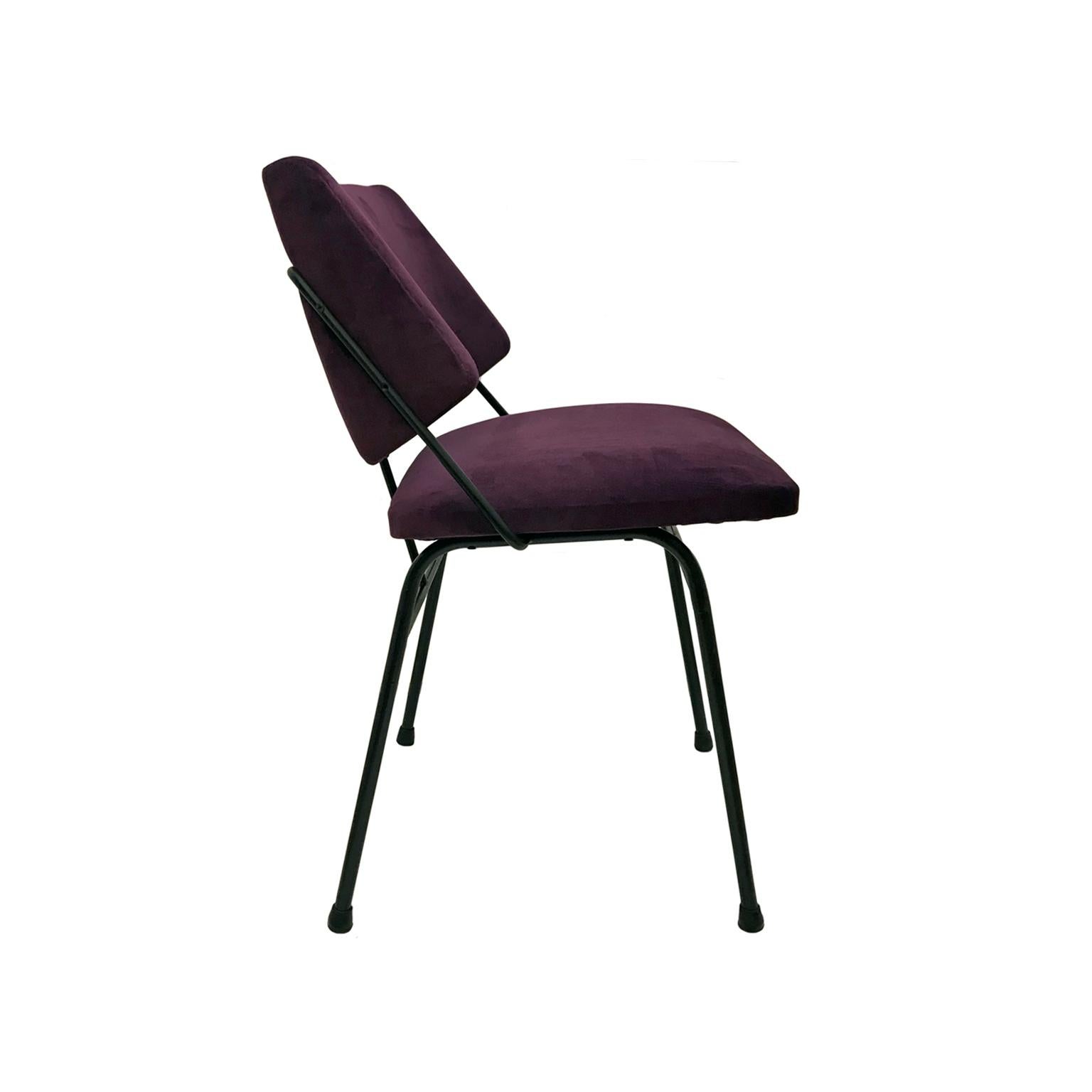 Blackened metal occasional chair with angled back and purple velvet upholstery. France, 1960s.

Pair available, priced individually.