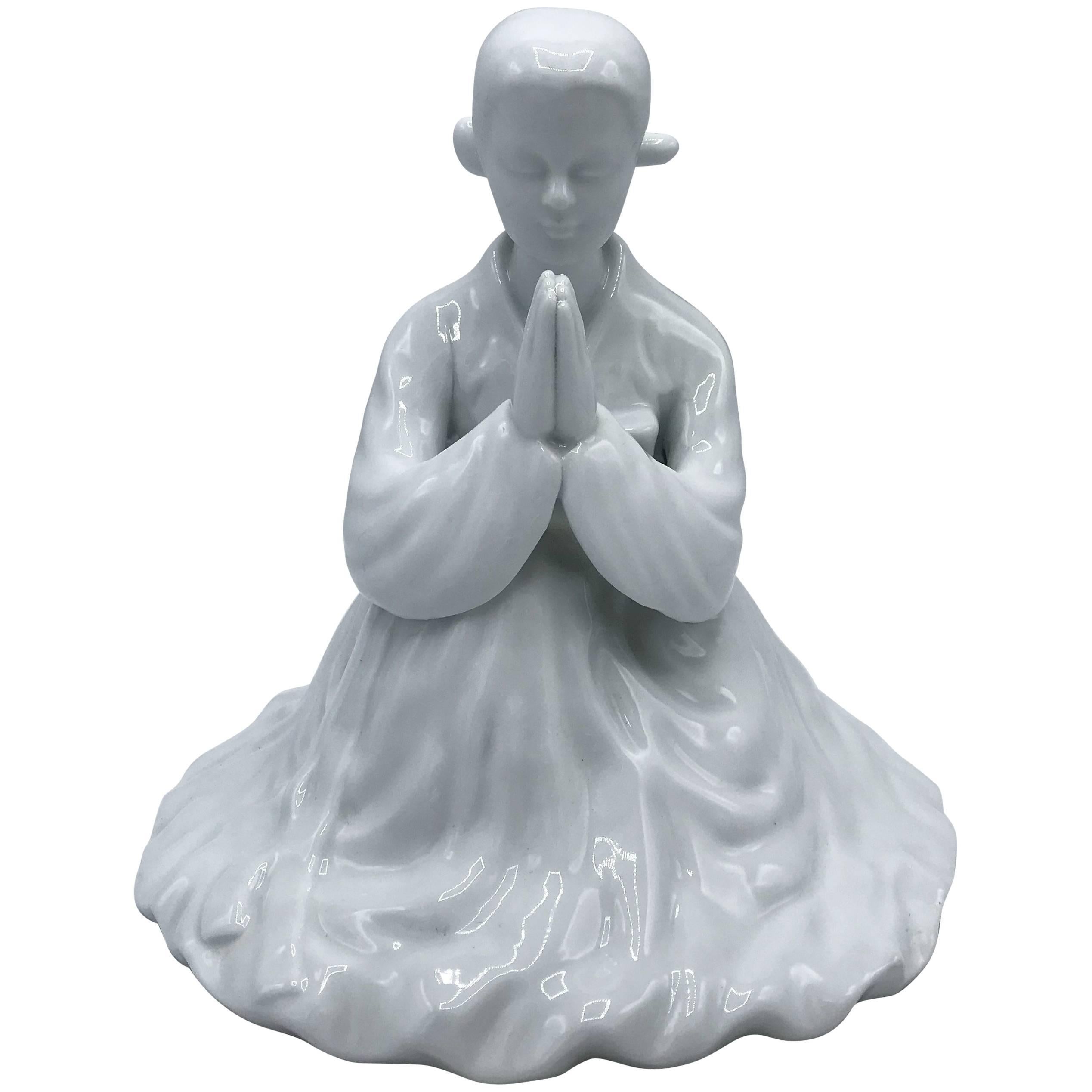 1960s Blanc de Chine Porcelain Praying Geisha in Kimono Sculpture