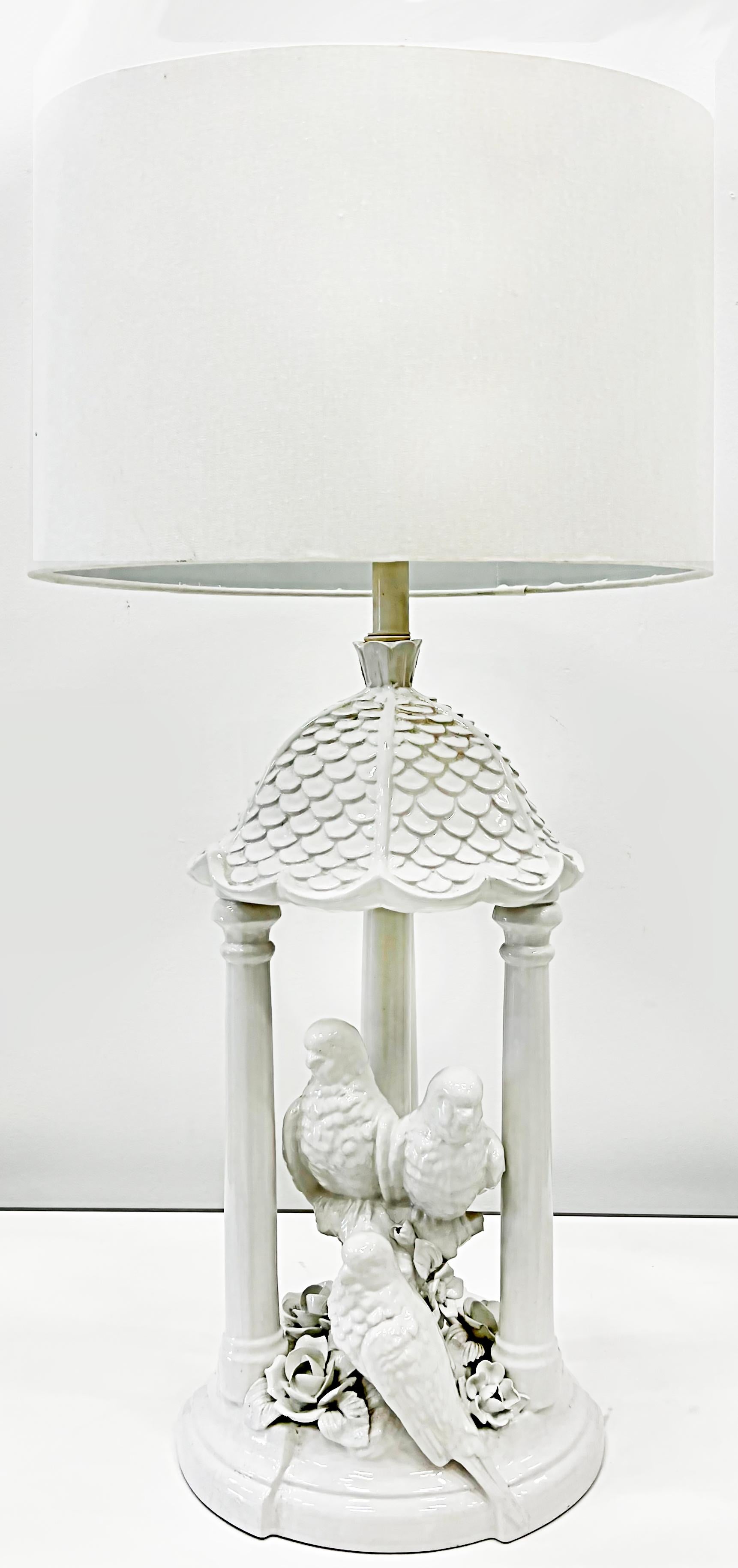 Porcelain 1960s Blanc De Chine Table Lamp with Parrots and Flowers For Sale