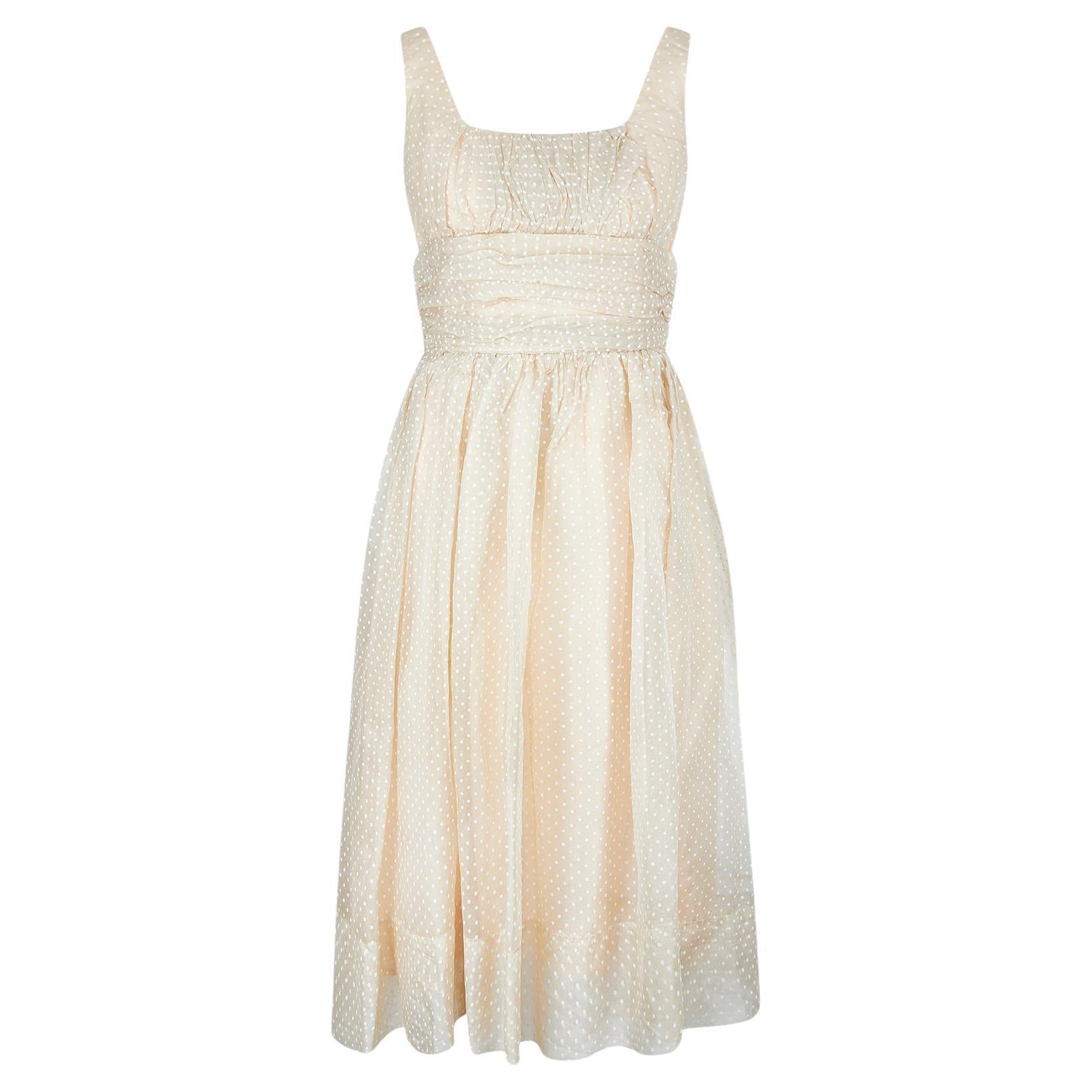 1960s Blanes Beige and White Polka Dot Chiffon Dress