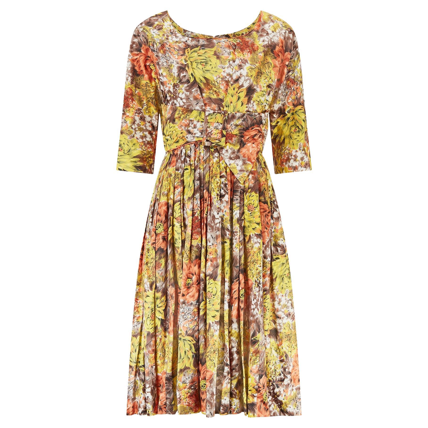 Robe en coton à fleurs Blanes des années 1960 avec ceinture