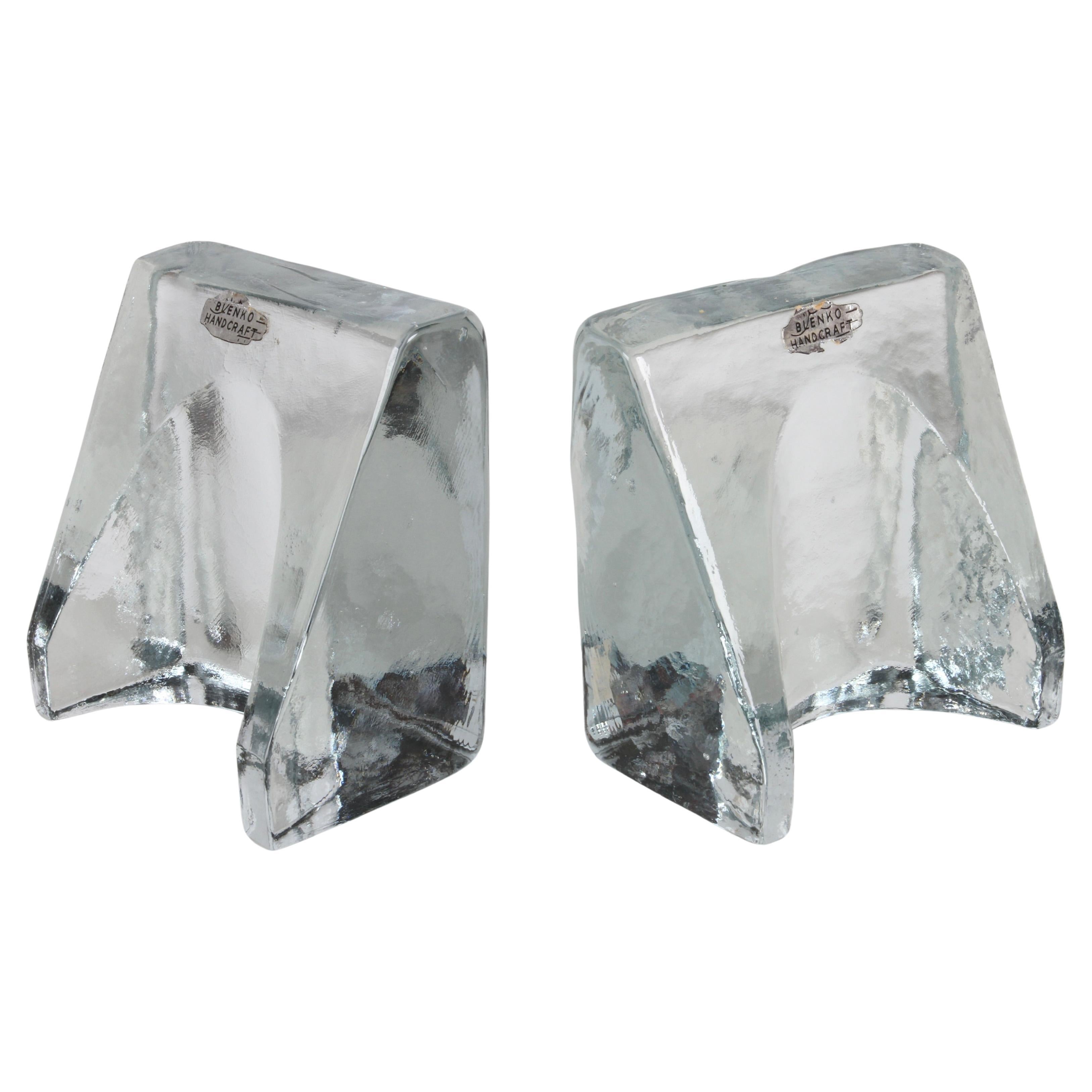 1960 Blenko Modernist Sculptural Clear Glass Wedge Shovel Bookends Wayne Husted in vendita