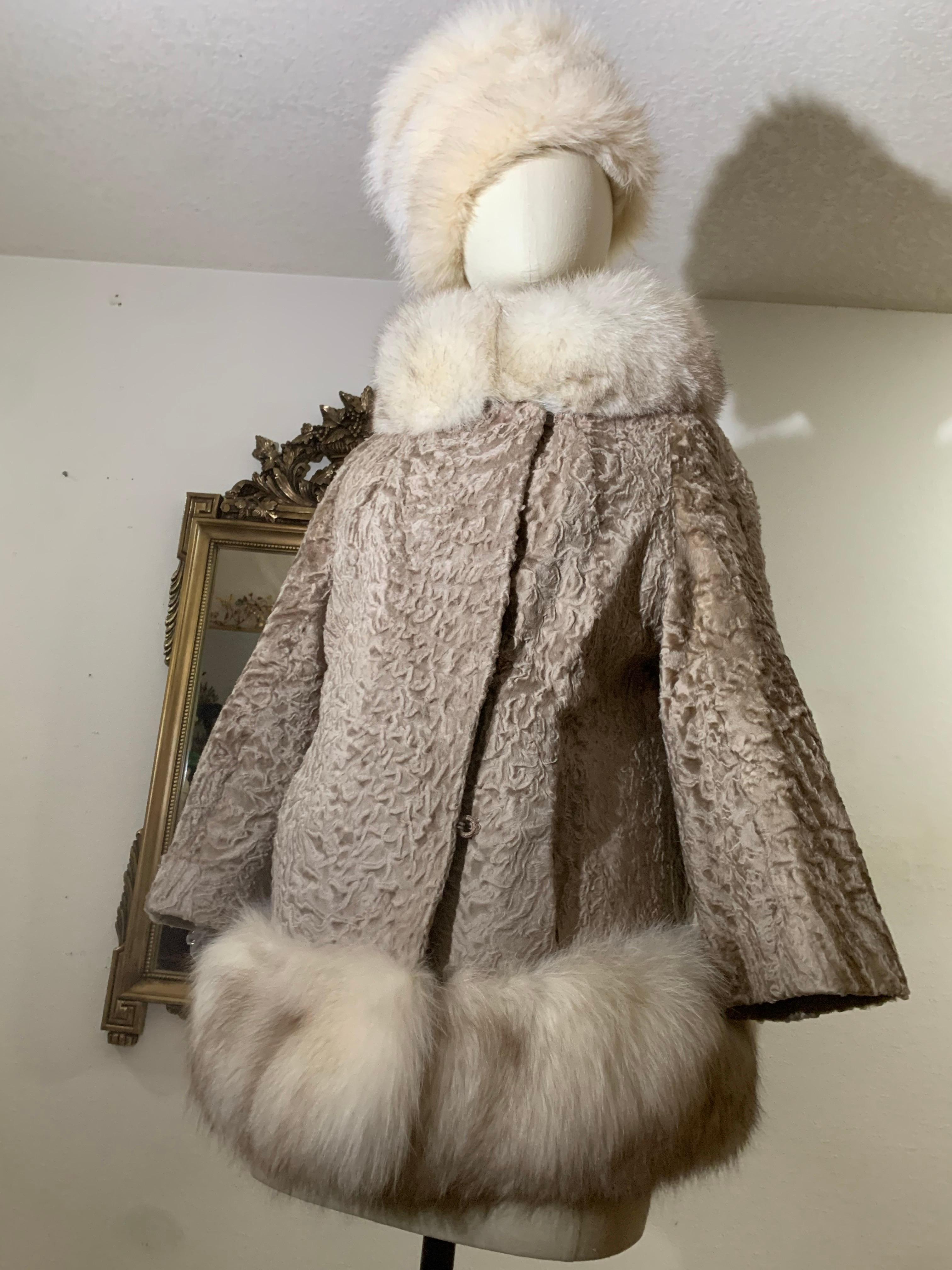 1960s Blonde Astrakhan Princess Fur Coat w Lush Norwegian Fox Fur Trim & Adolfo Norwegian Fox Hat: A-line cut with 3/4 sleeves, funnel neck and deliciously plush Norwegian fox trim.  Lined in tissue silk. 3 fur hook closures. Side slit pockets. 