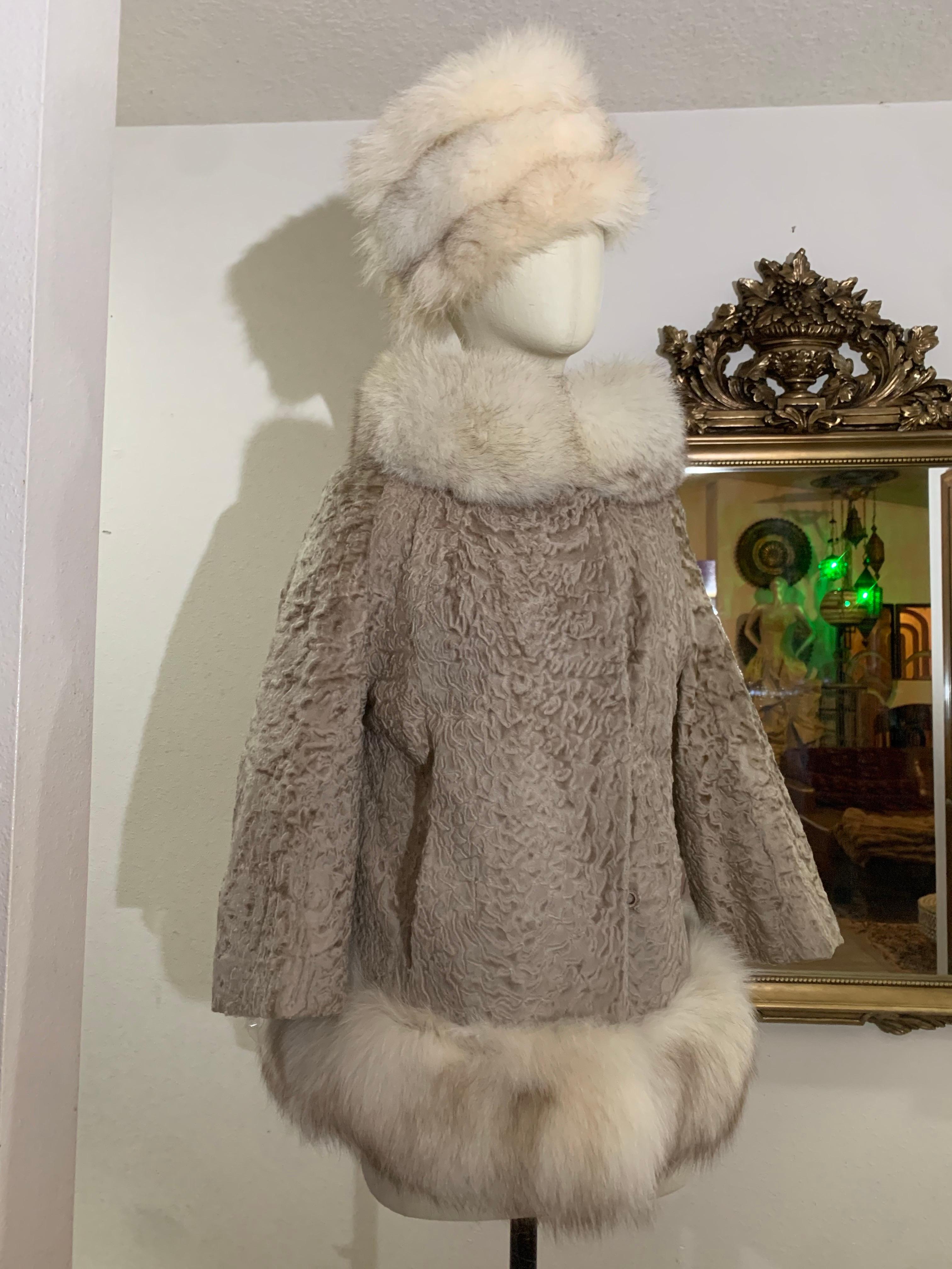 Brown 1960s Blonde Astrakhan Princess Fur Coat w Lush Fox Fur Trim & Adolfo Fox Hat