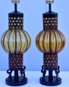 1960's Blown Glass And Iron Table Lamps From Spain