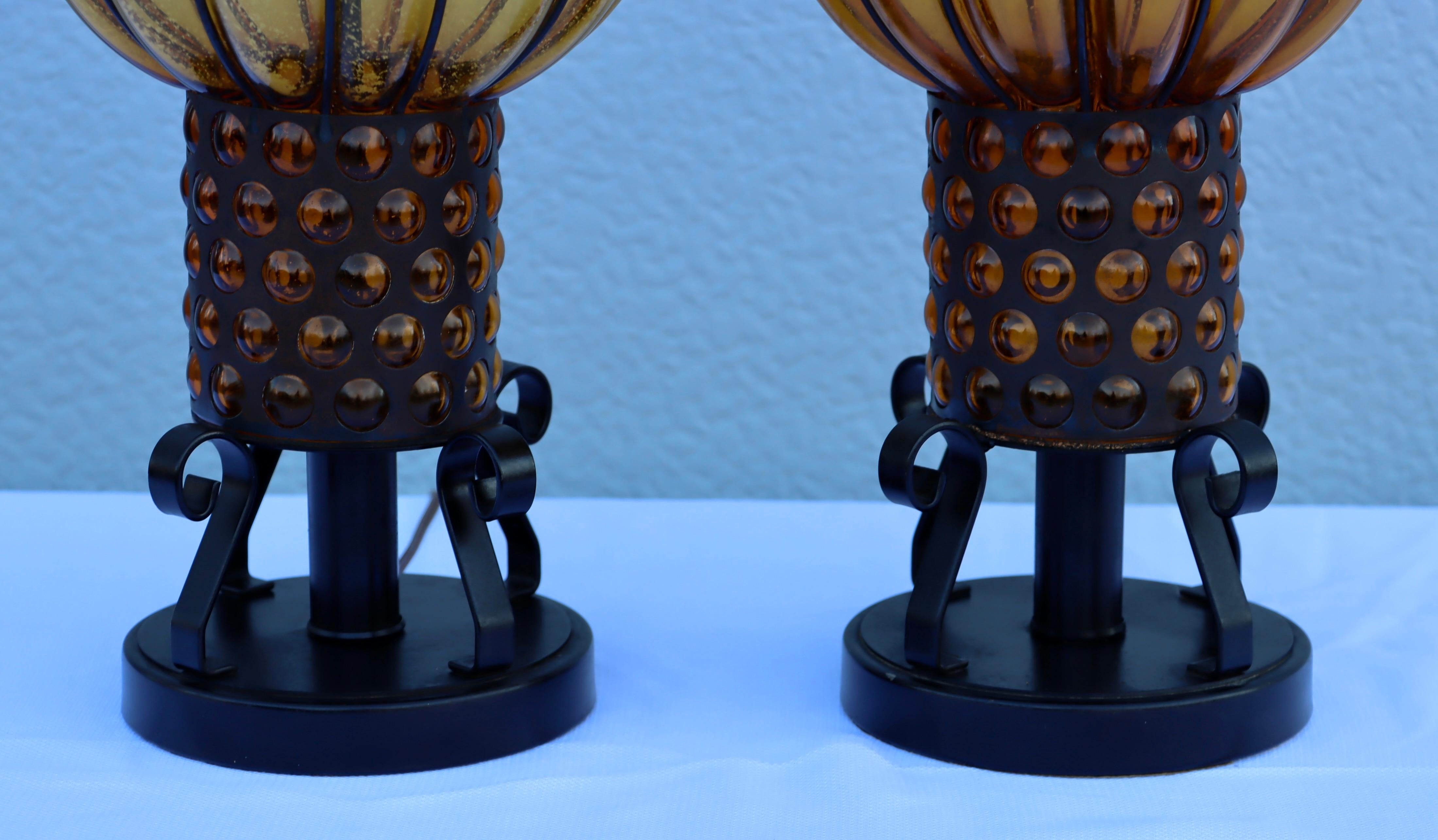 Mid-Century Modern 1960's Blown Glass And Iron Table Lamps From Spain For Sale