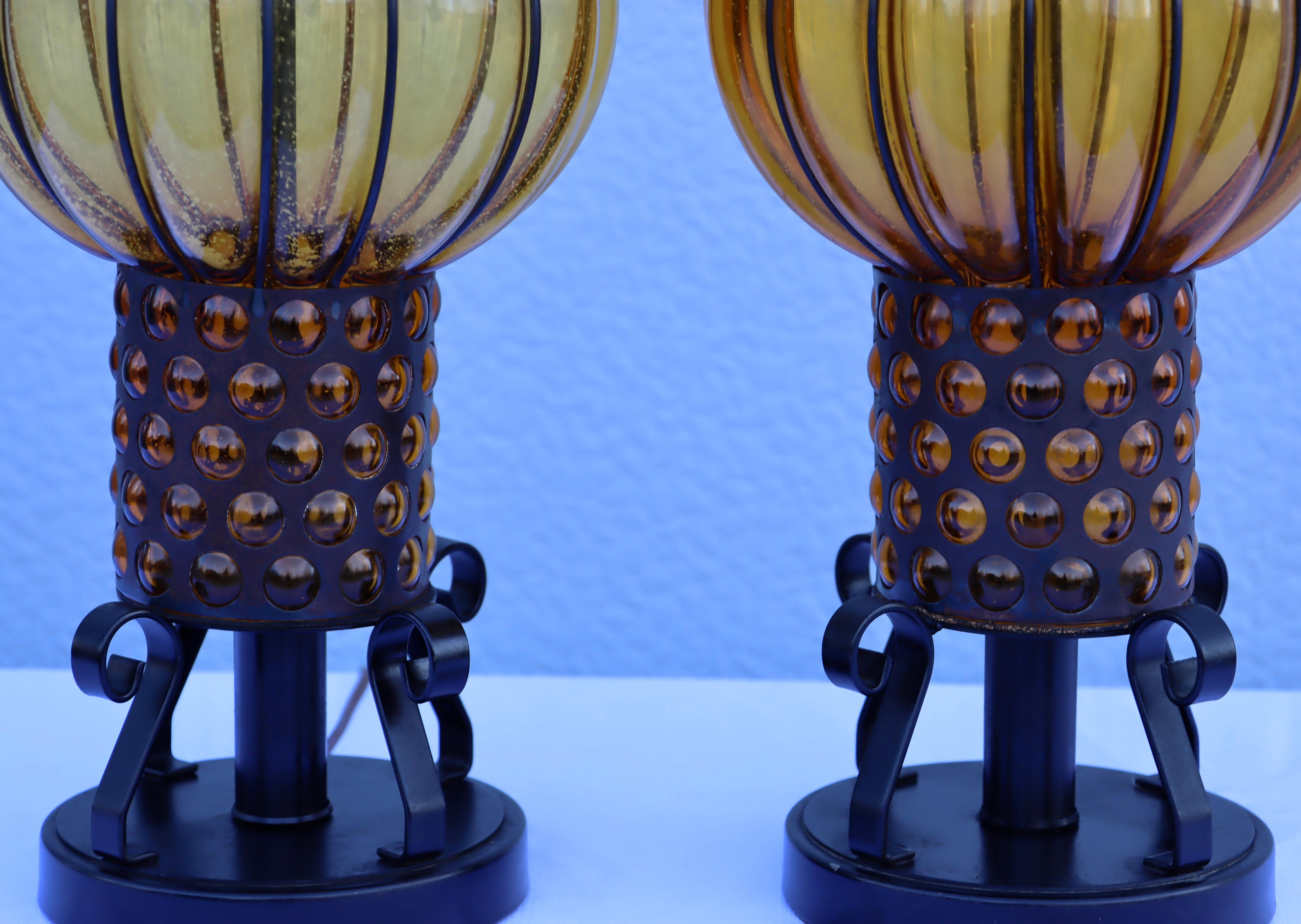 Spanish 1960's Blown Glass And Iron Table Lamps From Spain For Sale