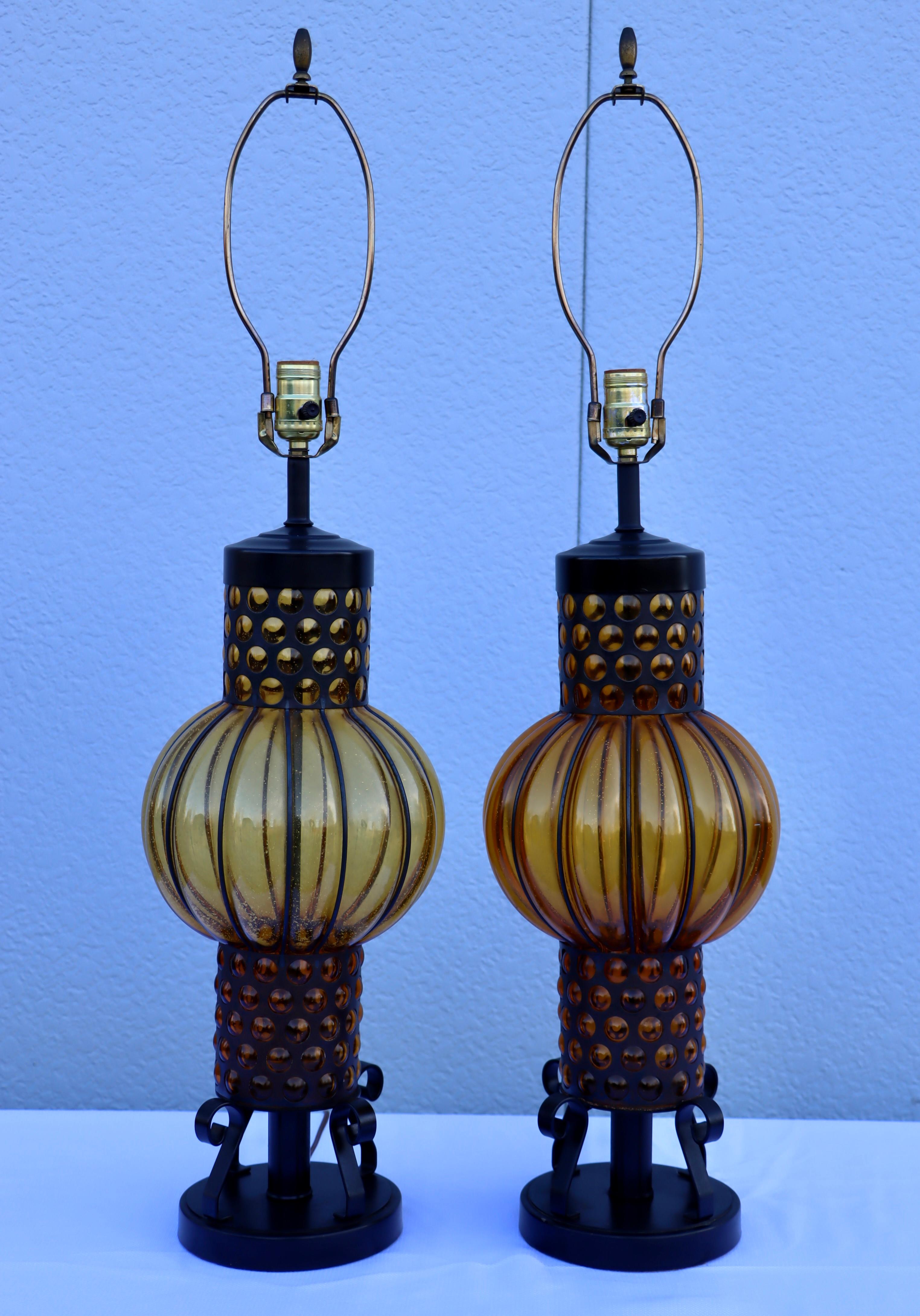 Mid-20th Century 1960's Blown Glass And Iron Table Lamps From Spain For Sale