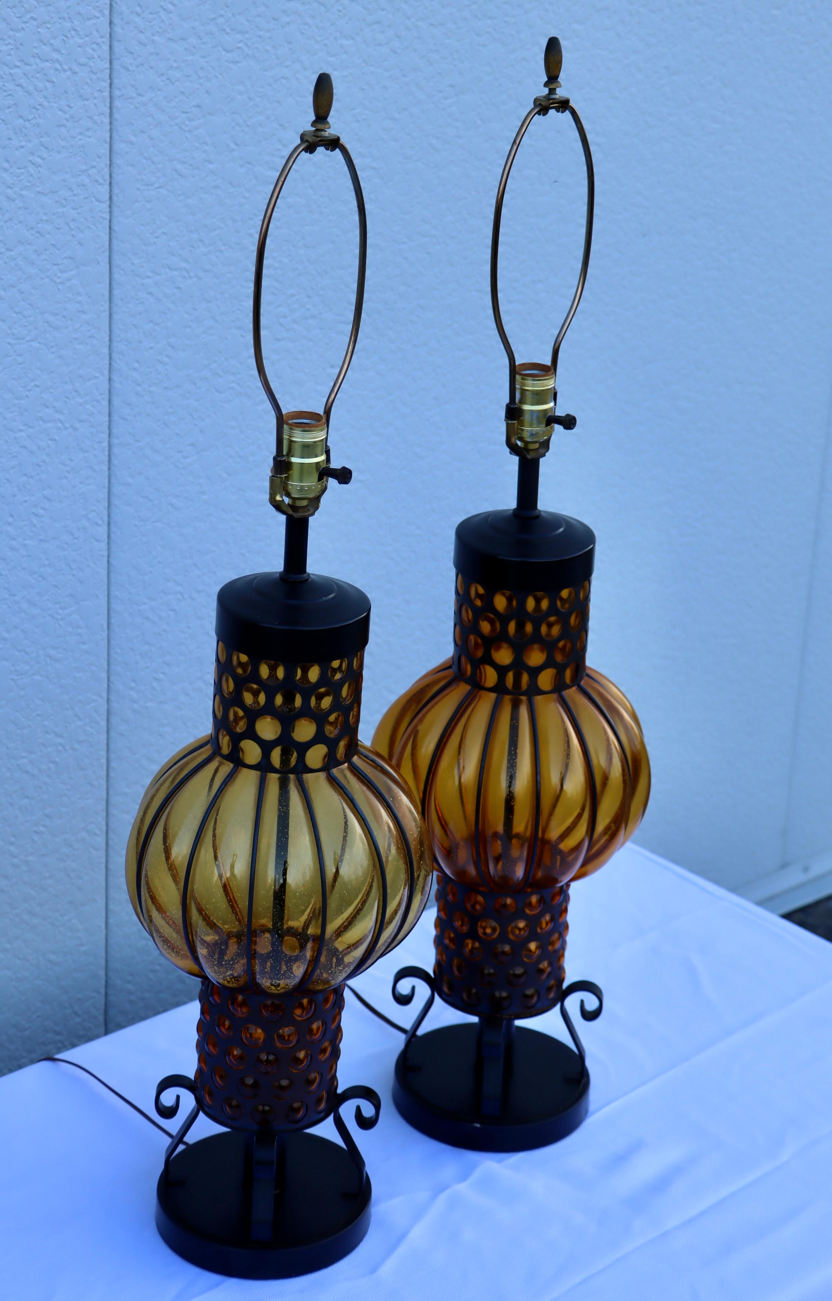 1960's Blown Glass And Iron Table Lamps From Spain For Sale 2