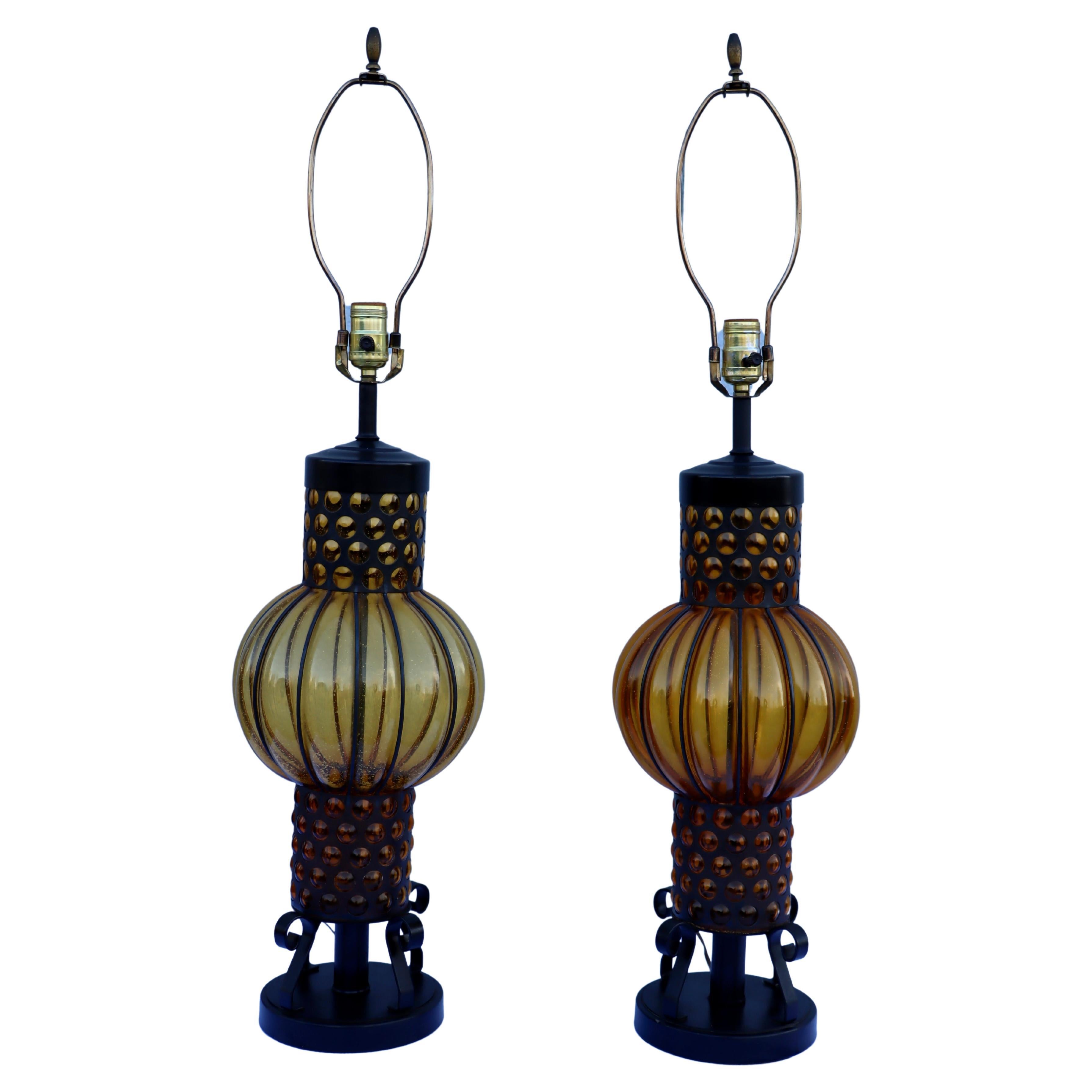 1960's Blown Glass And Iron Table Lamps From Spain For Sale