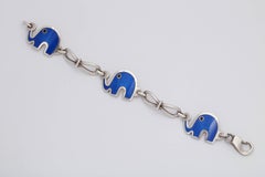 1960s Blue and Black Enamel Figural and Whimisical Elephant Sterling Bracelet