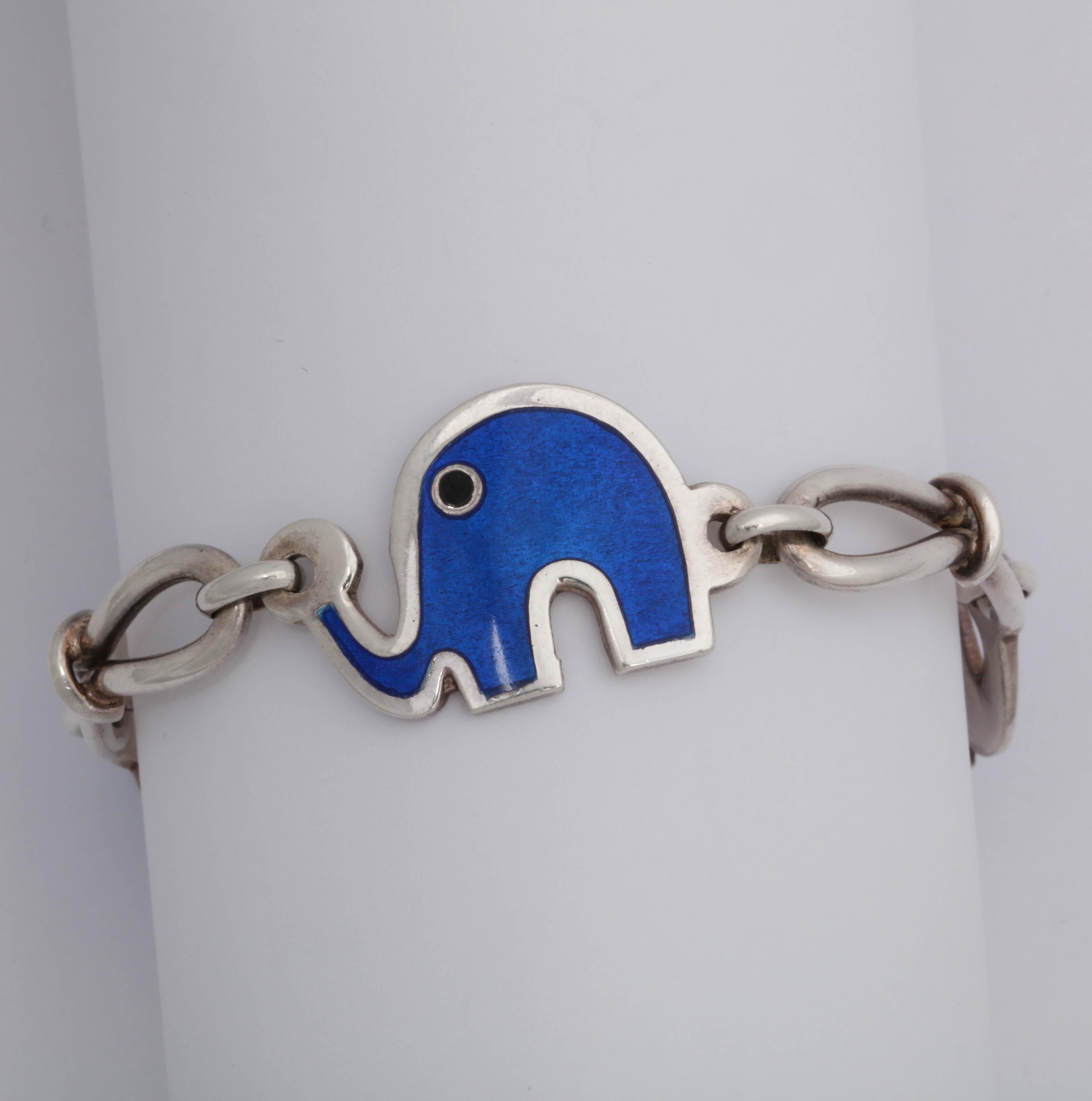 1960s Blue and Black Enamel Figural and Whimisical Elephant Sterling Bracelet In Good Condition For Sale In New York, NY