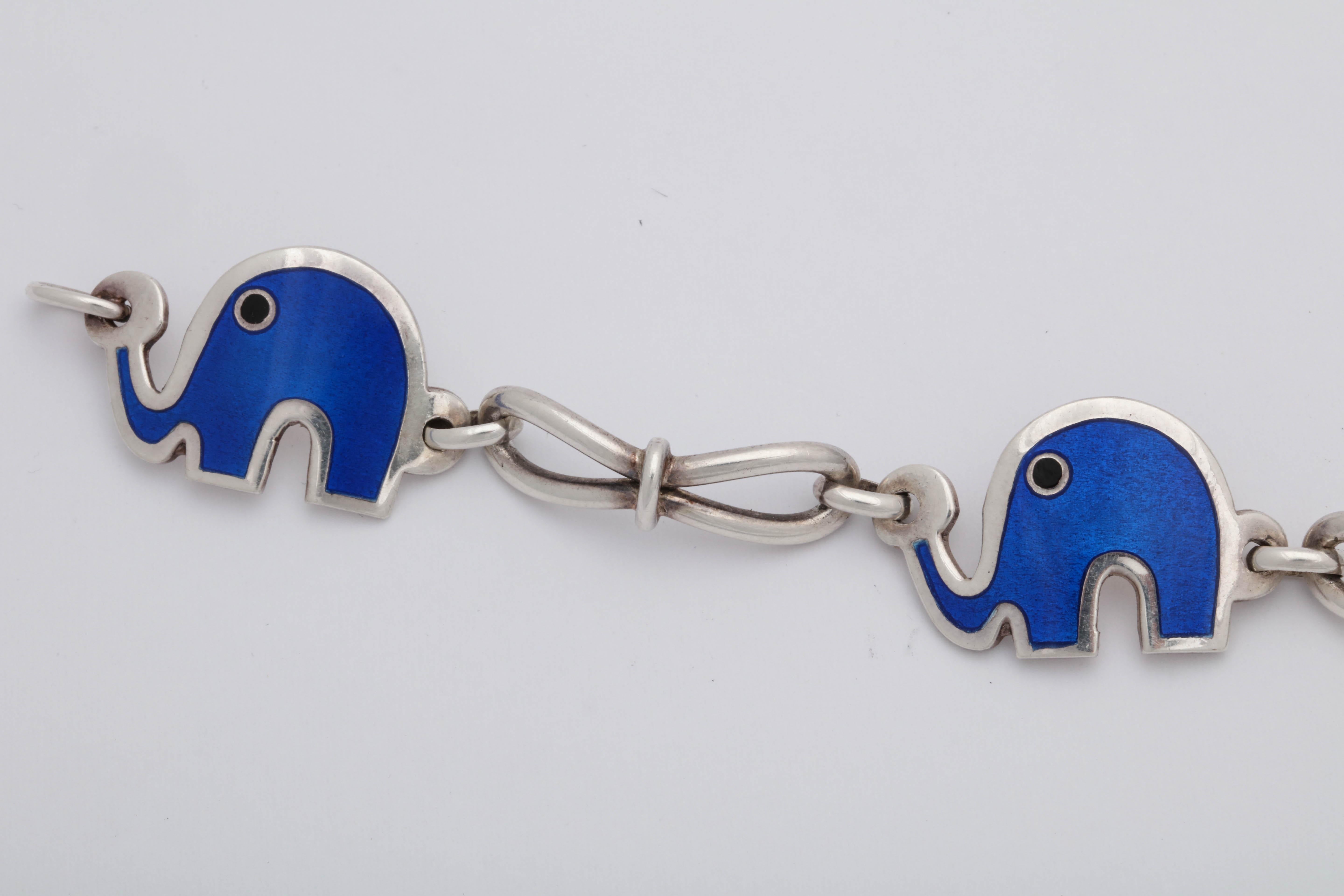 Women's or Men's 1960s Blue and Black Enamel Figural and Whimisical Elephant Sterling Bracelet For Sale