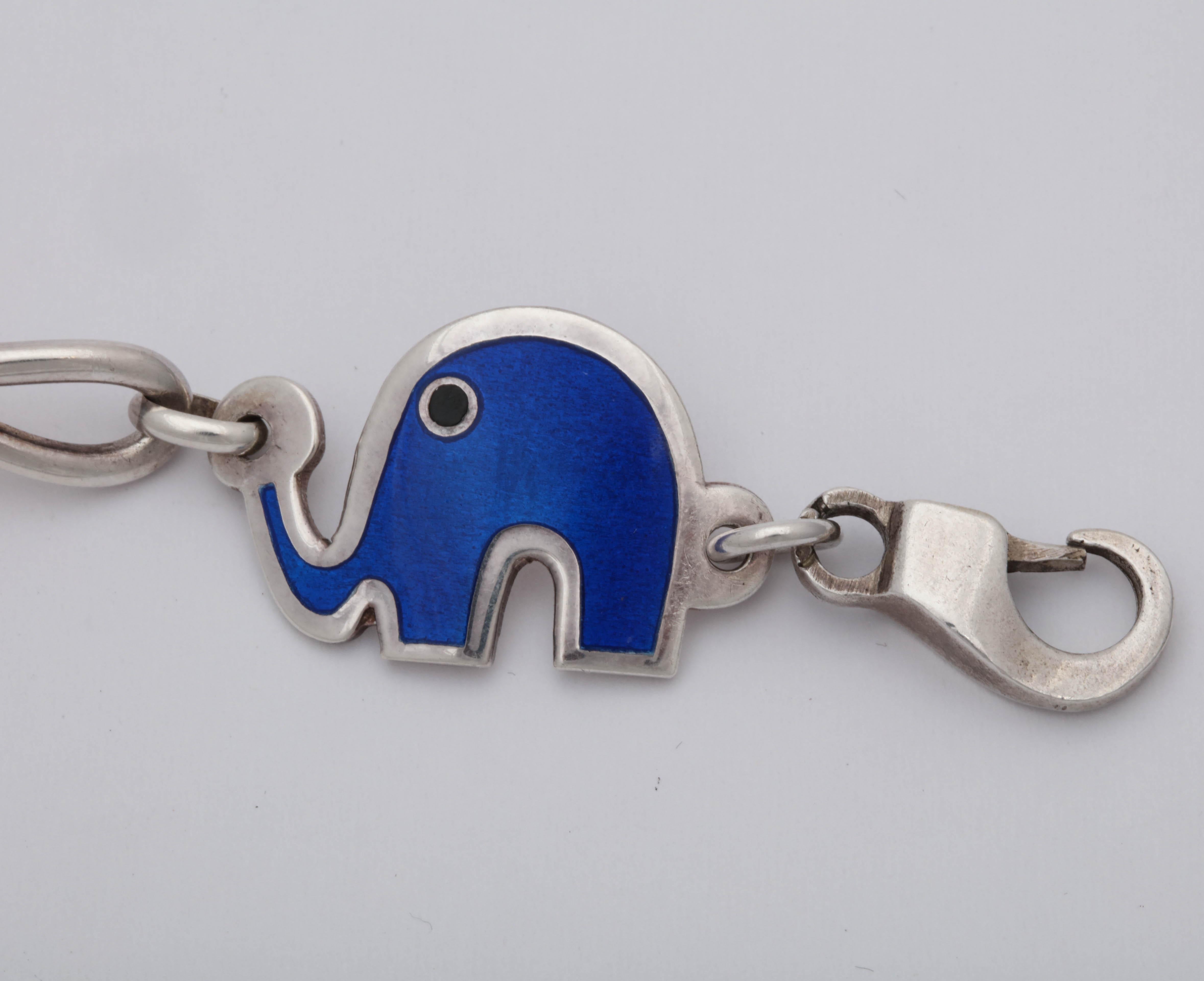 1960s Blue and Black Enamel Figural and Whimisical Elephant Sterling Bracelet For Sale 1