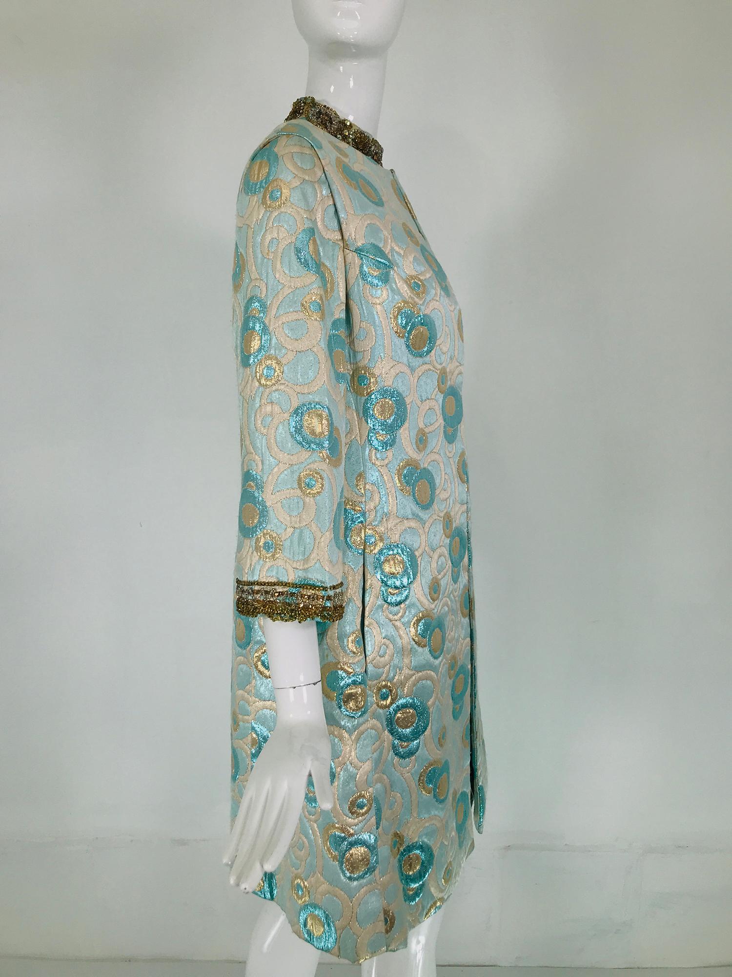 1960s  Blue and Gold Metallic Deco Circles Jewel Neck Vest & Dress 7