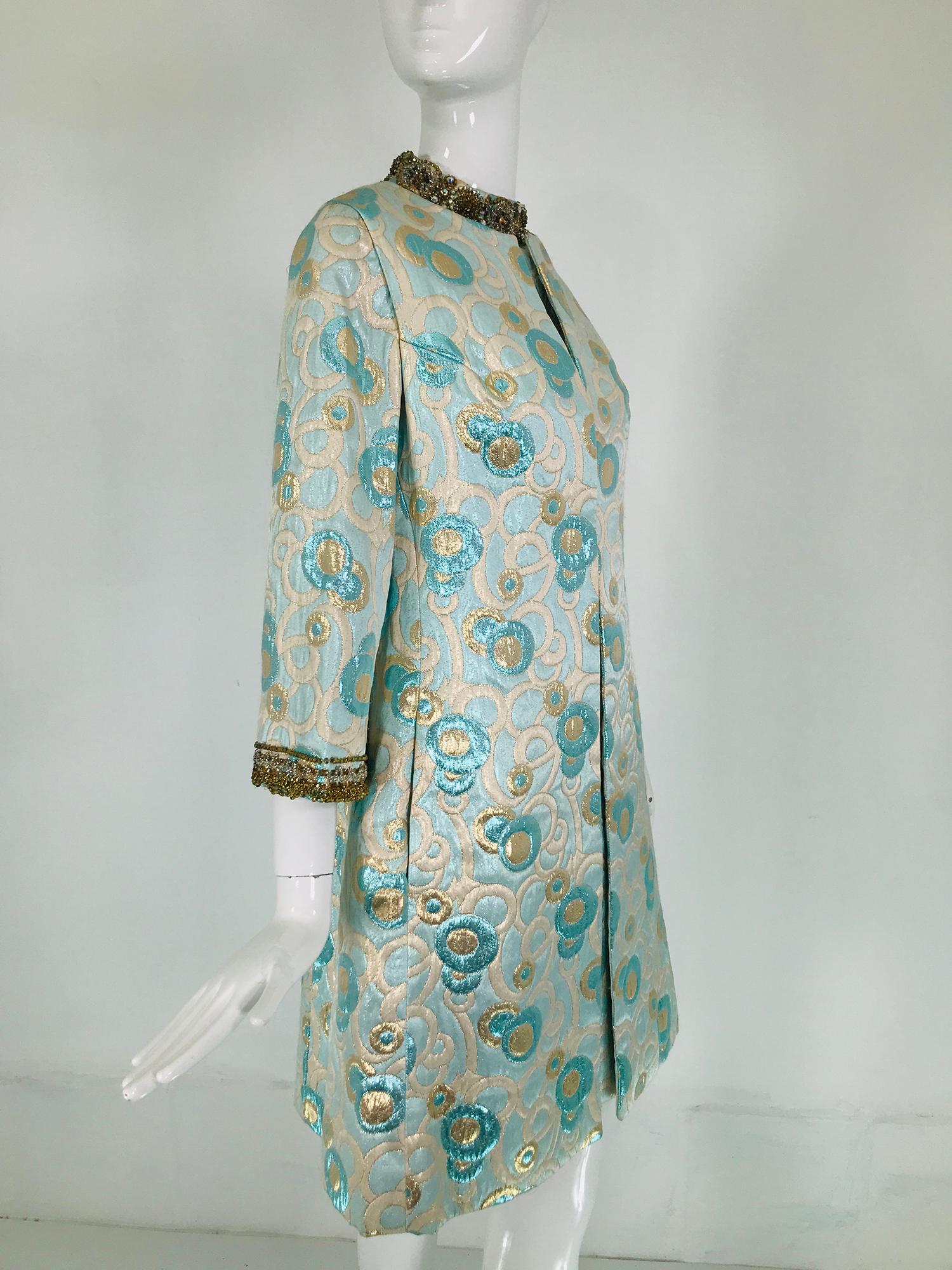 1960s  Blue and Gold Metallic Deco Circles Jewel Neck Vest & Dress 8