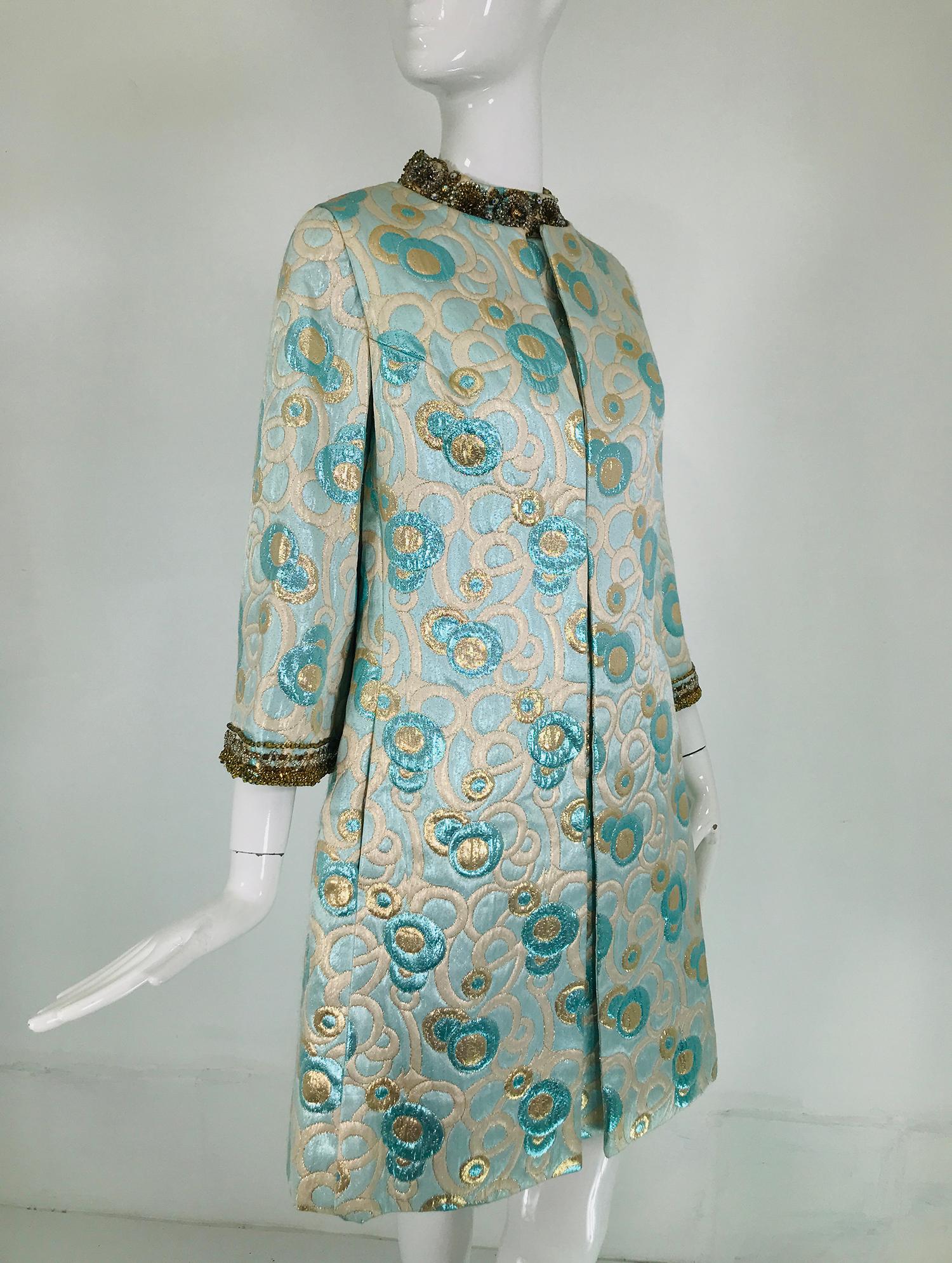 1960s  Blue and Gold Metallic Deco Circles Jewel Neck Vest & Dress 9