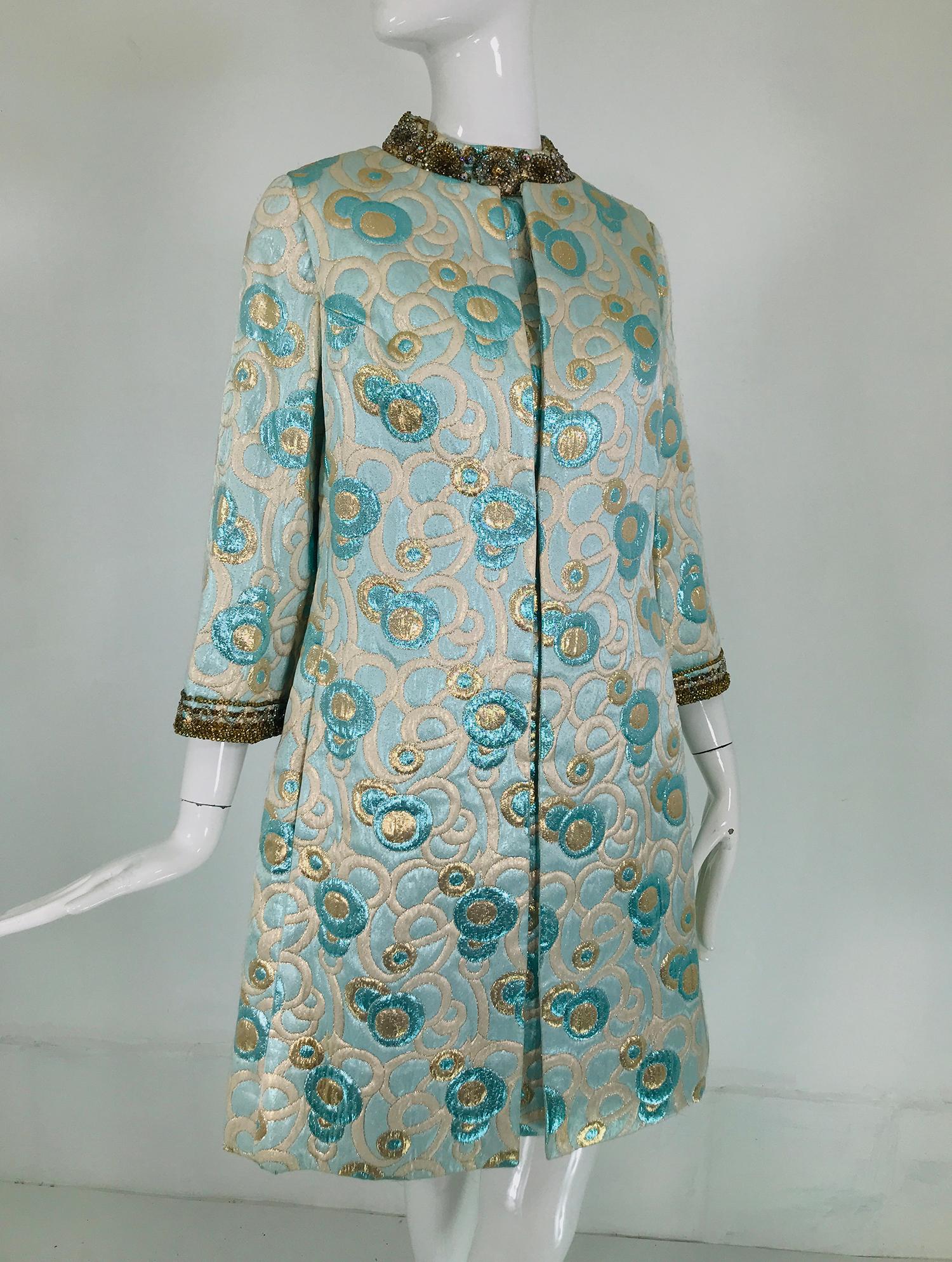 1960s  Blue and Gold Metallic Deco Circles Jewel Neck Vest & Dress 10