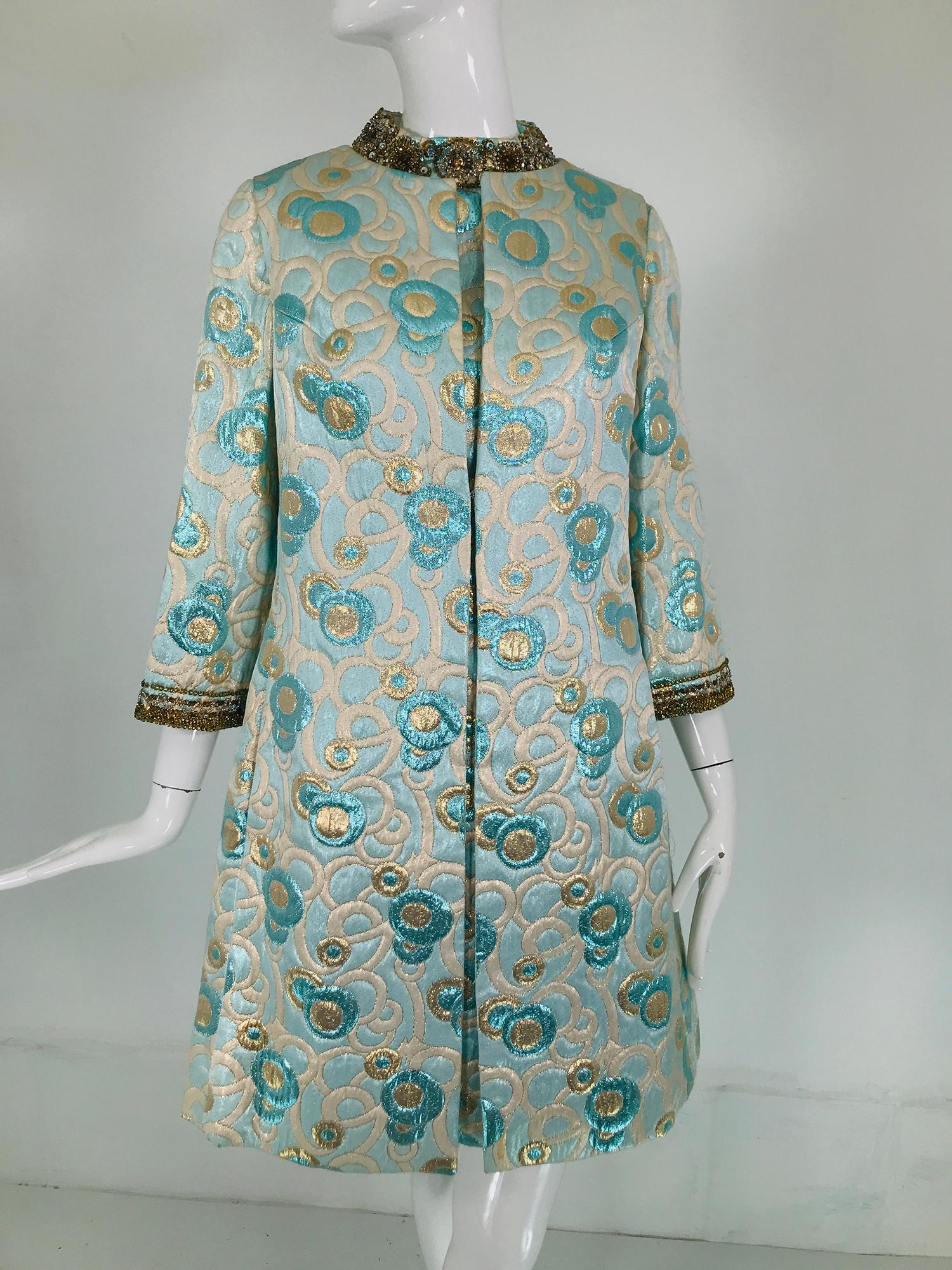 1960s  Blue and Gold Metallic Deco Circles Jewel Neck Vest & Dress 11