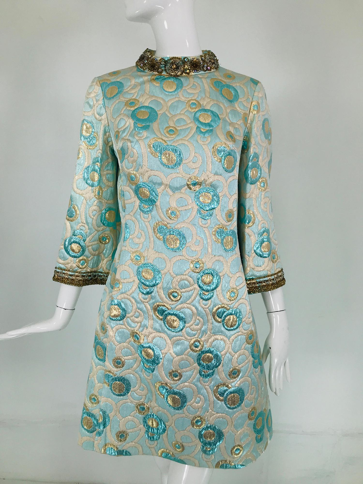 1960s  Blue and Gold Metallic Deco Circles Jewel Neck Vest & Dress 12