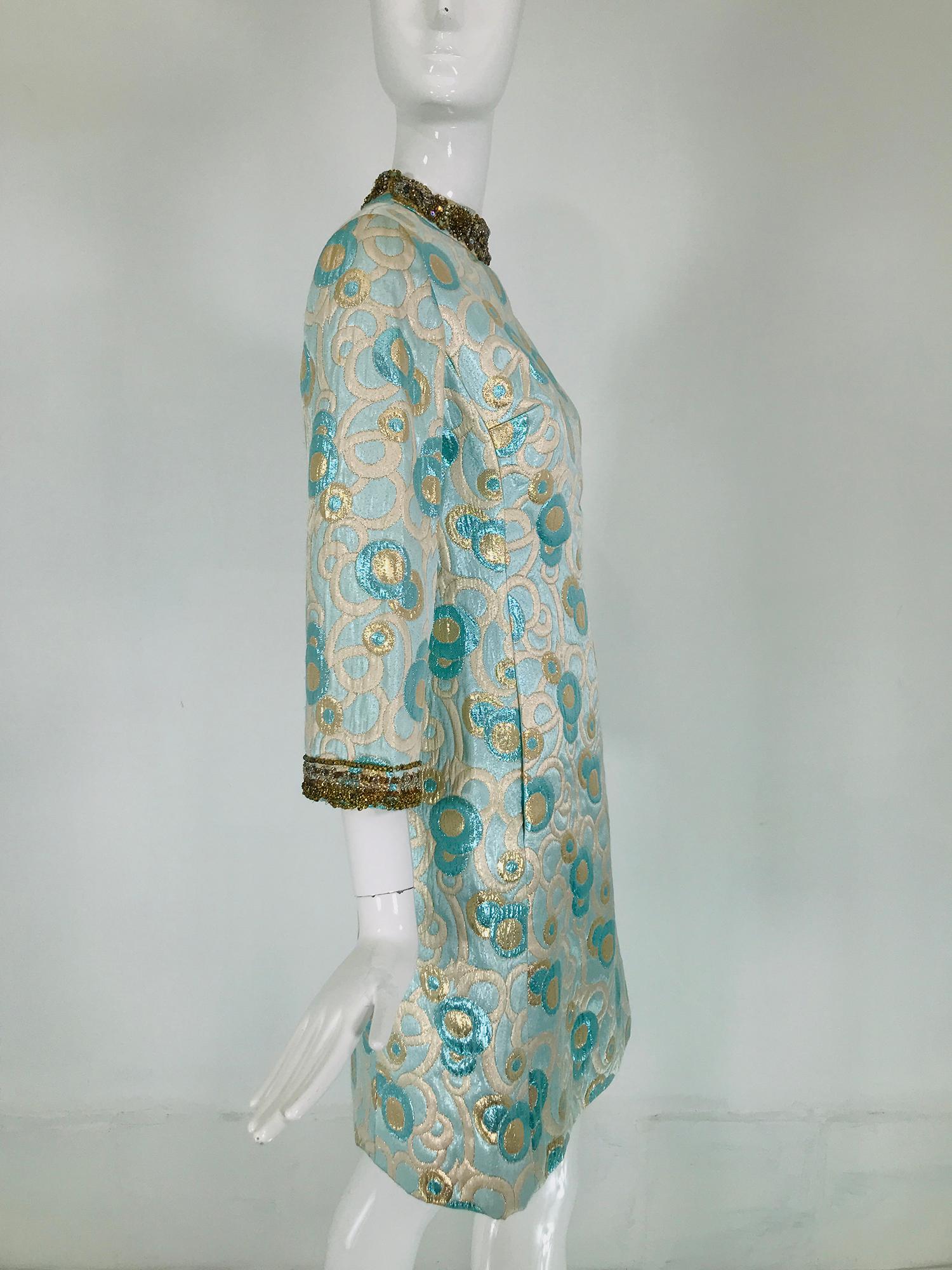 1960s  Blue and Gold Metallic Deco Circles Jewel Neck Vest & Dress 13