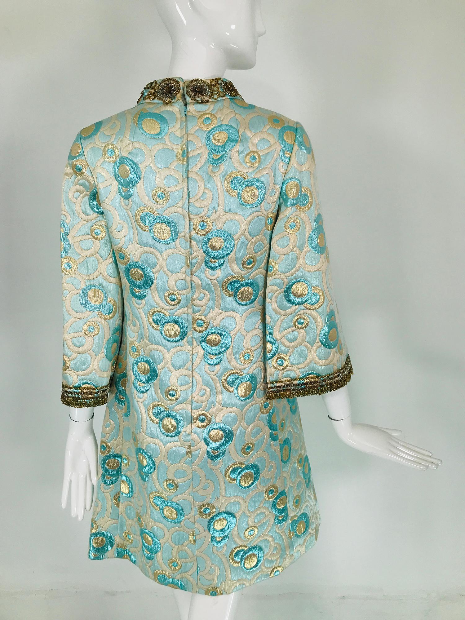1960s  Blue and Gold Metallic Deco Circles Jewel Neck Vest & Dress 14