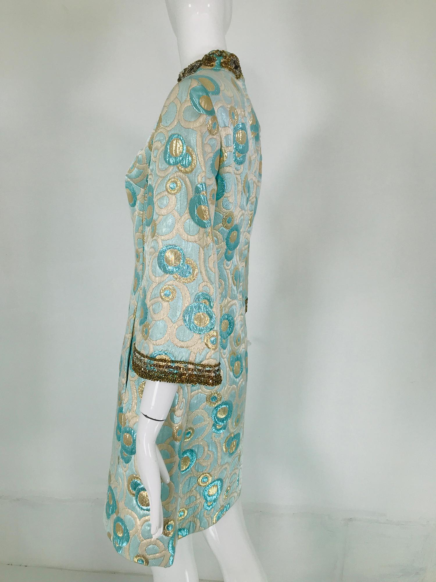 1960s  Blue and Gold Metallic Deco Circles Jewel Neck Vest & Dress 15