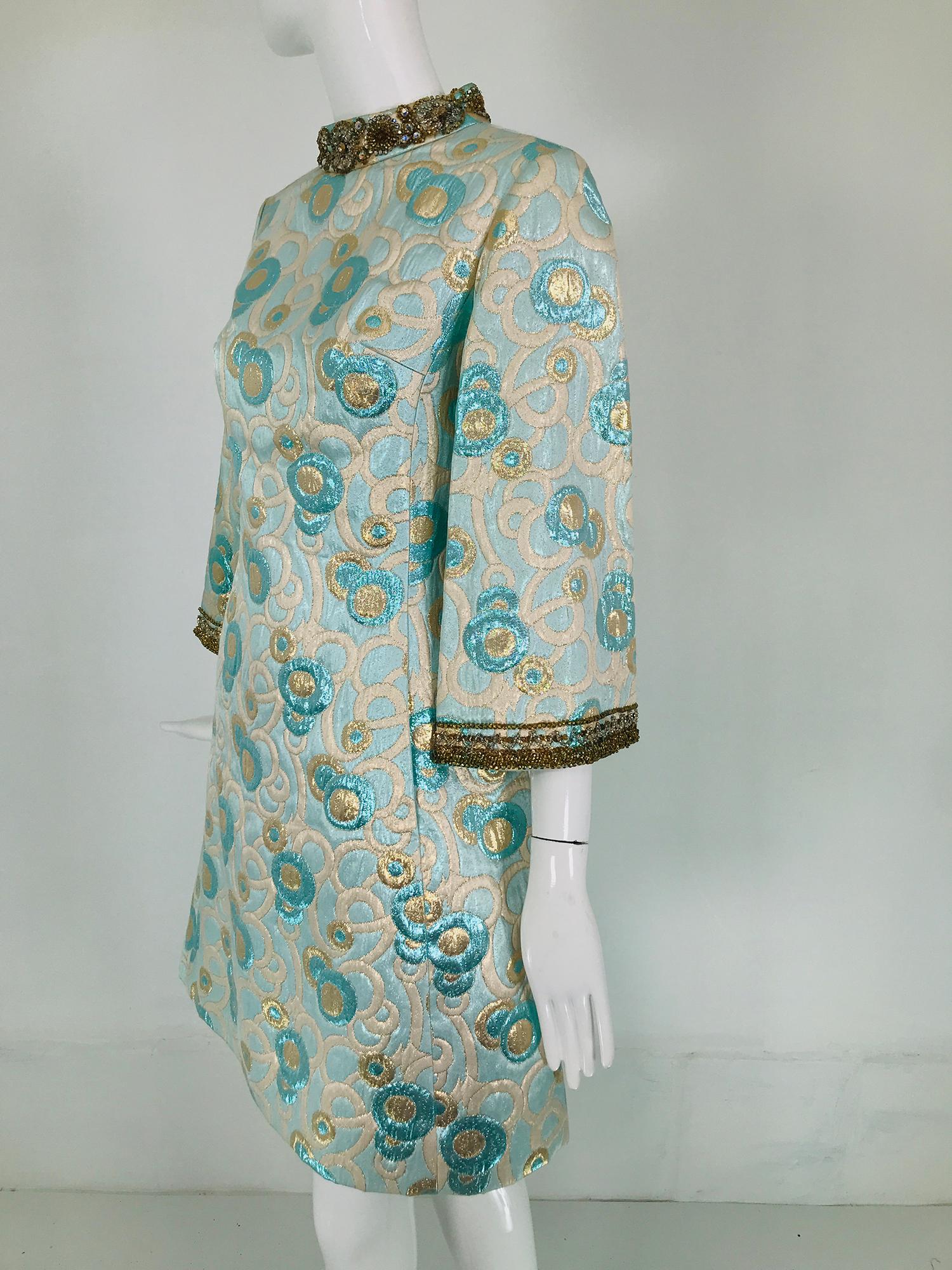 1960s  Blue and Gold Metallic Deco Circles Jewel Neck Vest & Dress 16