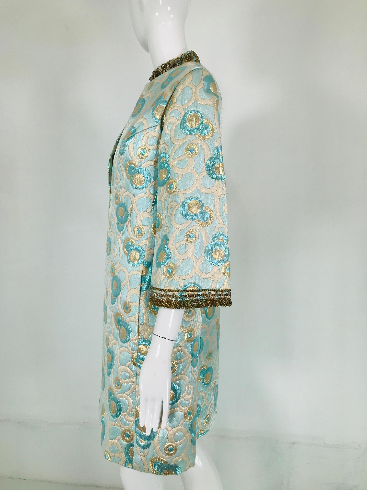 Women's 1960s  Blue and Gold Metallic Deco Circles Jewel Neck Vest & Dress