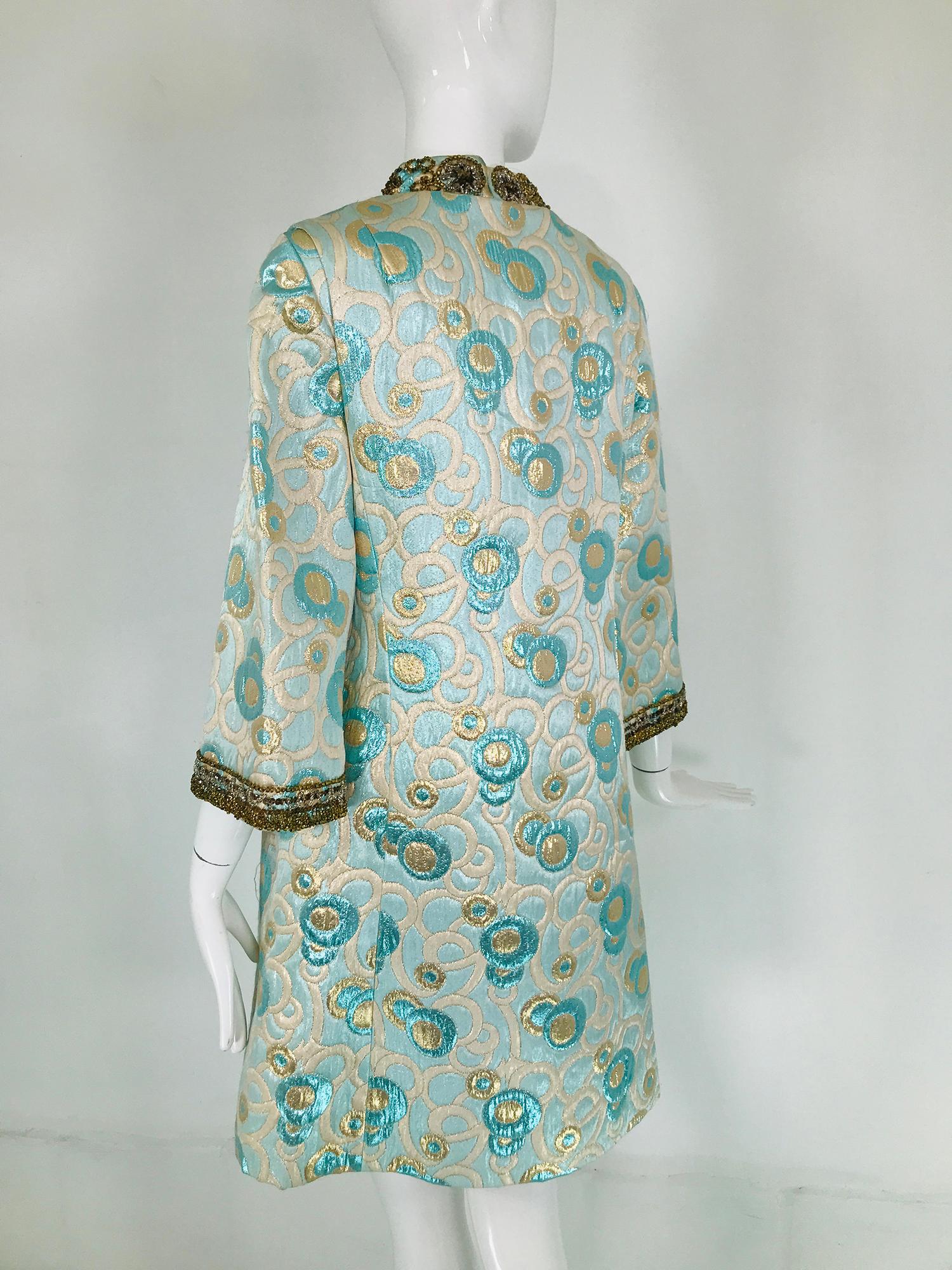 1960s  Blue and Gold Metallic Deco Circles Jewel Neck Vest & Dress 2