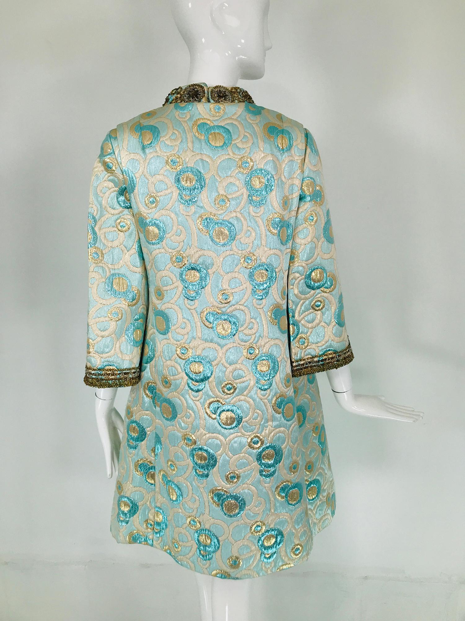 1960s  Blue and Gold Metallic Deco Circles Jewel Neck Vest & Dress 3