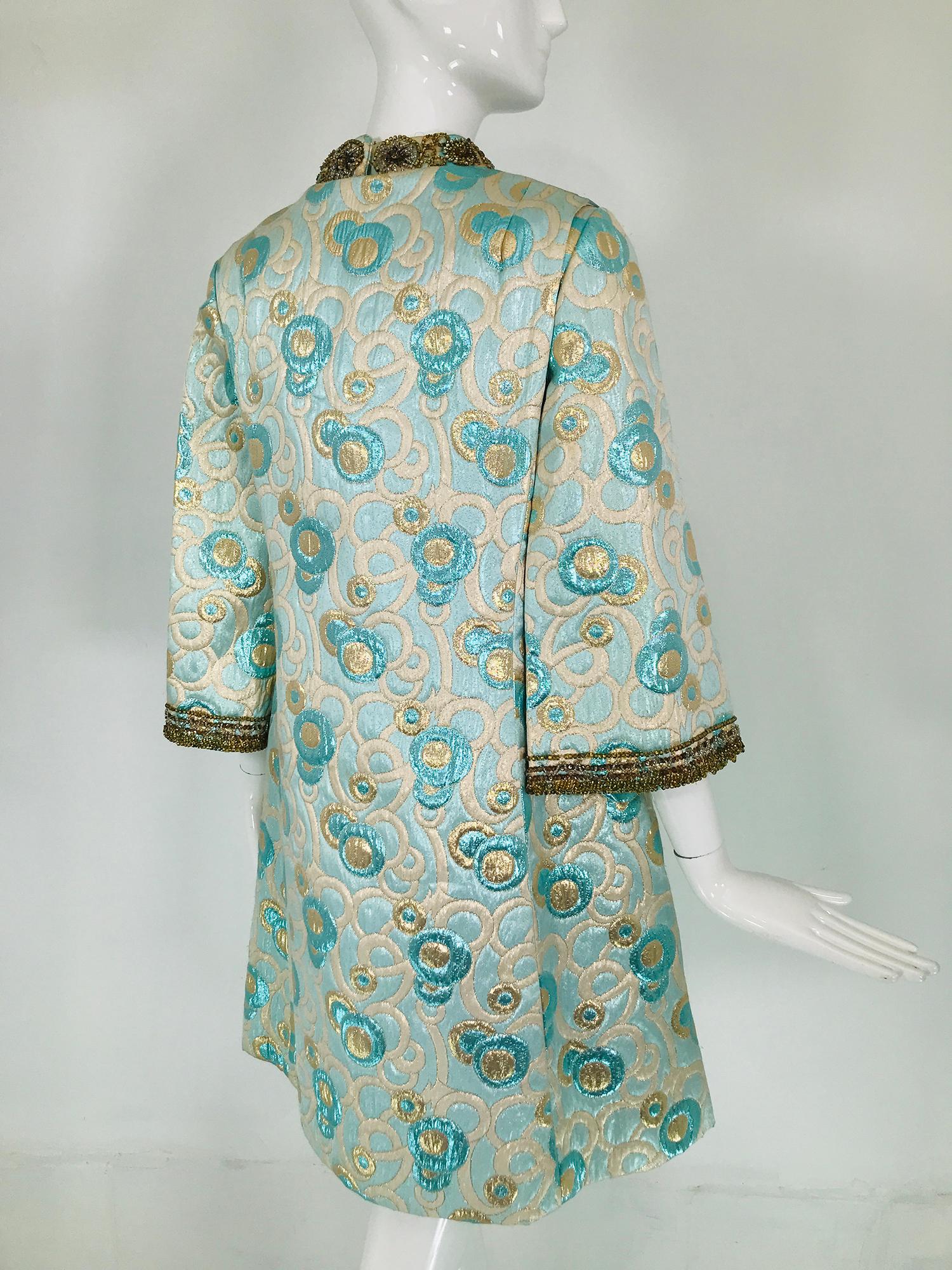1960s  Blue and Gold Metallic Deco Circles Jewel Neck Vest & Dress 4