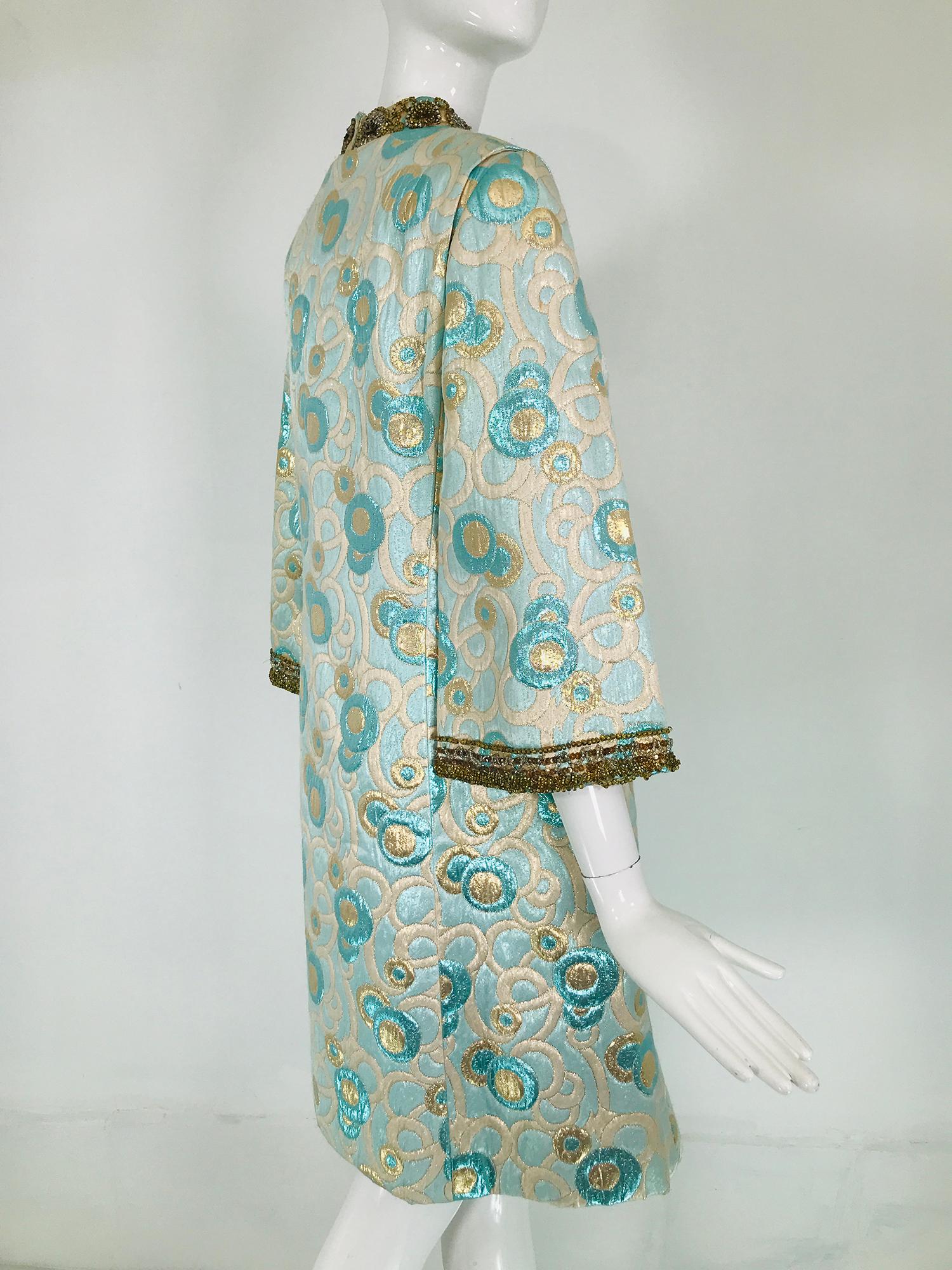 1960s  Blue and Gold Metallic Deco Circles Jewel Neck Vest & Dress 5