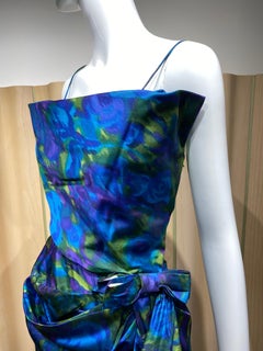 1960s Blue and Green Floral  Print Silk Cocktail Dress