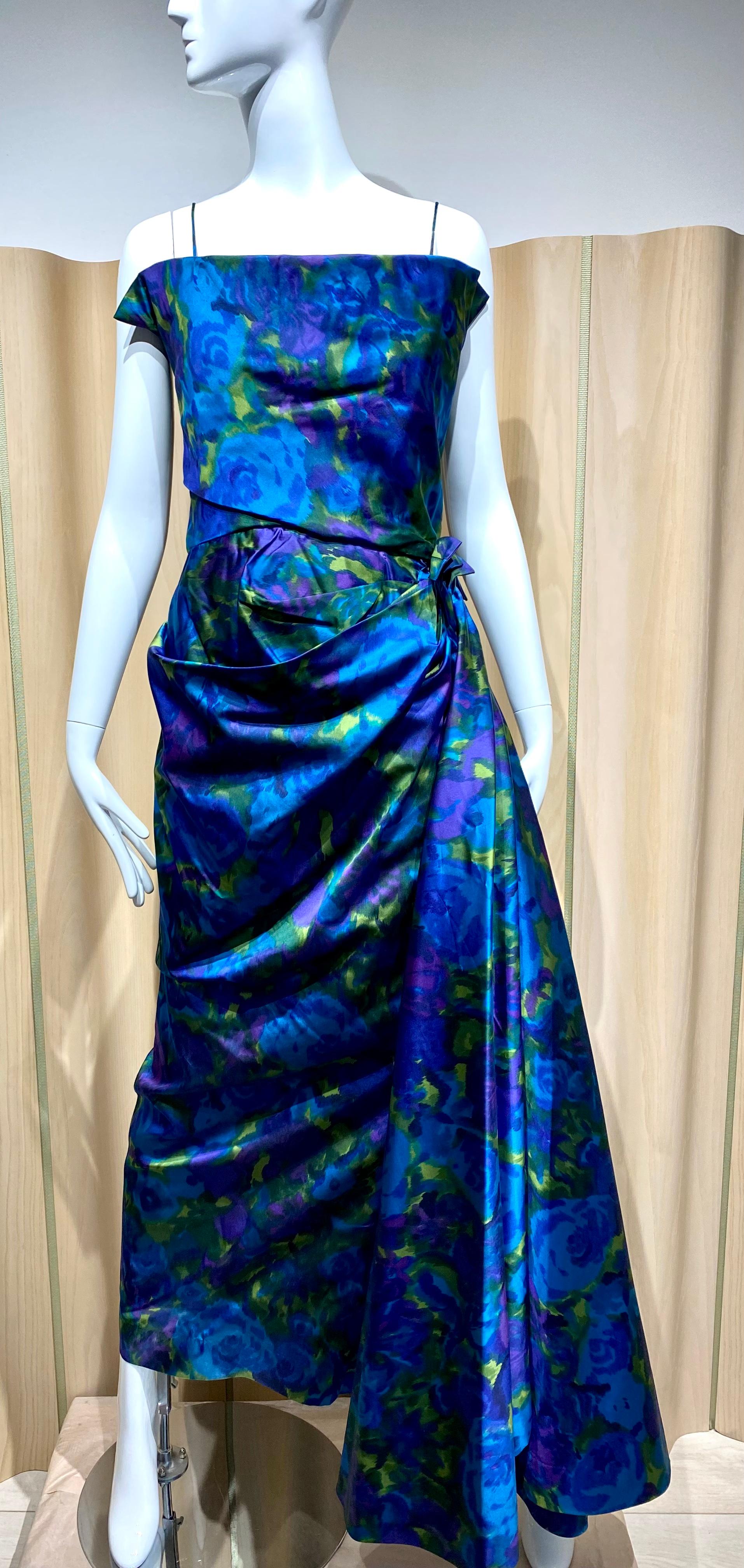 Floreale blu e verde degli anni '60  Abito da cocktail in seta stampata in vendita 1