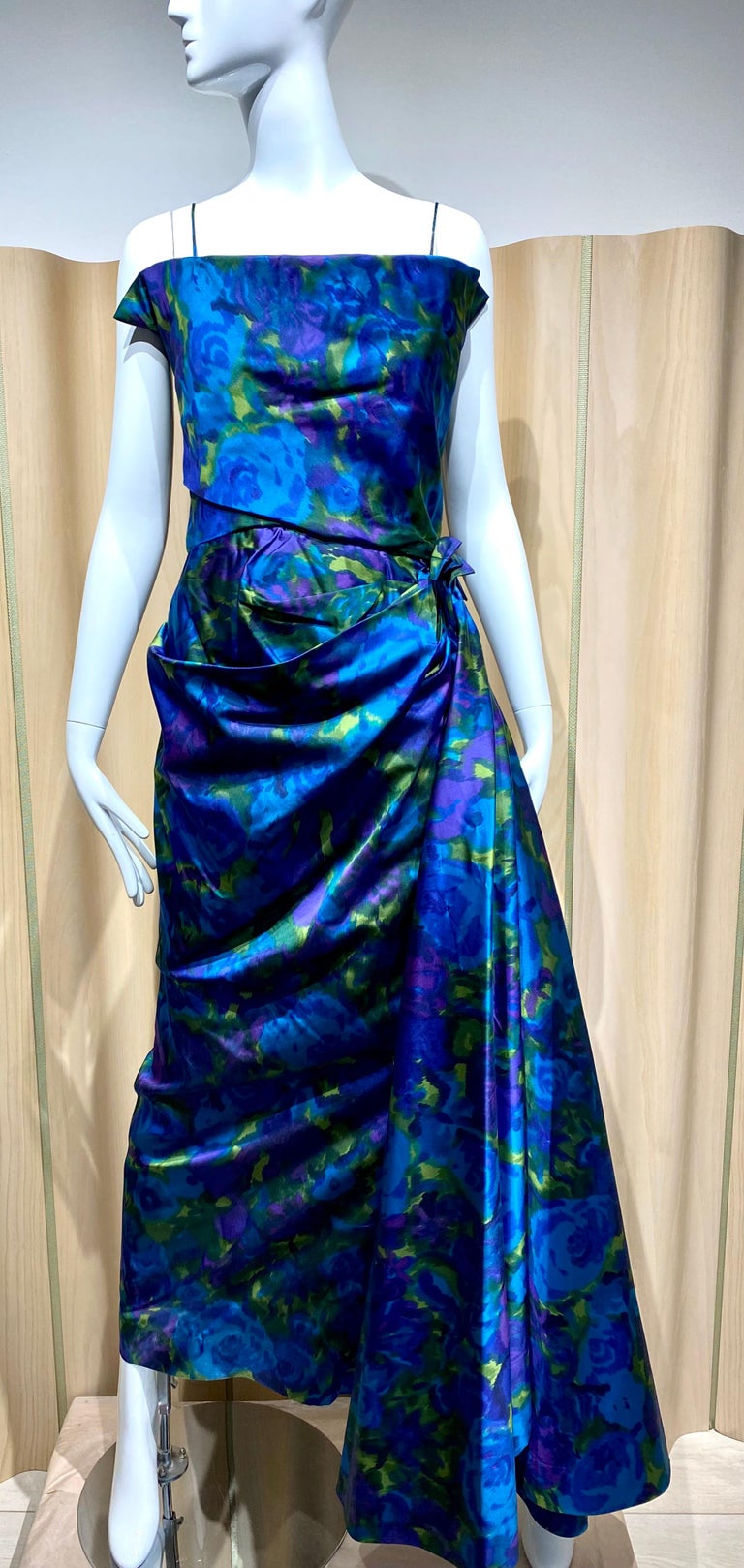 1960s Blue and Green Floral  Print Silk Cocktail Dress For Sale 1