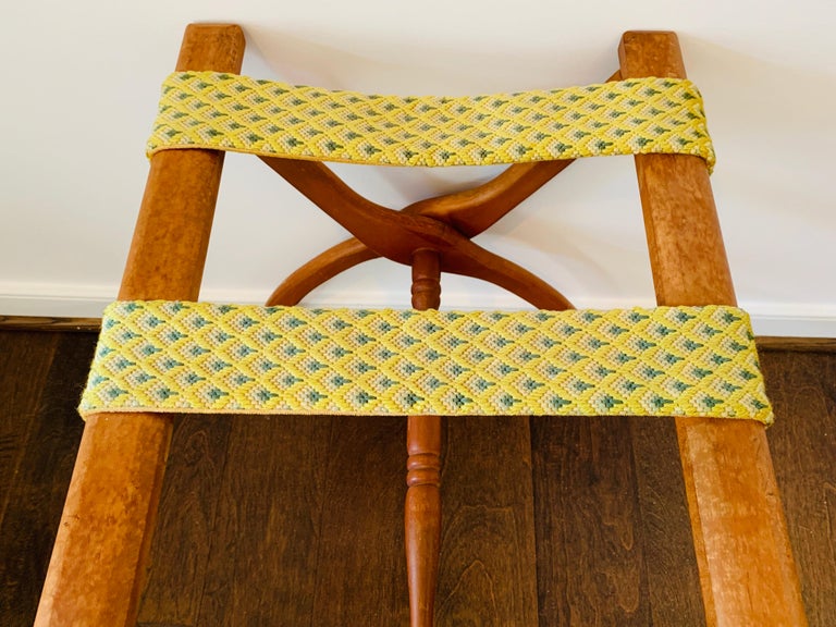 1960s Blue and Green Needlepoint Strapped Oak Luggage Rack at 1stDibs