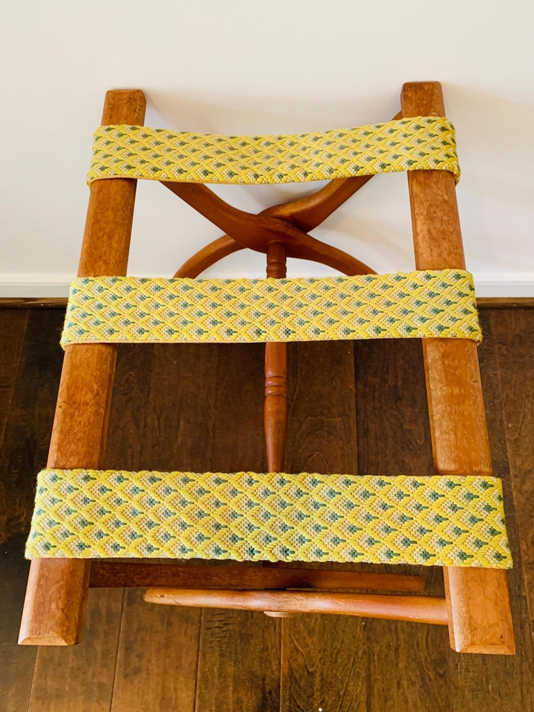 1960s Blue and Green Needlepoint Strapped Oak Luggage Rack at 1stDibs