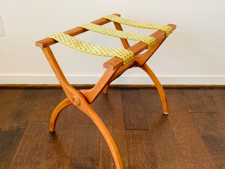 1960s Blue and Green Needlepoint Strapped Oak Luggage Rack at 1stDibs